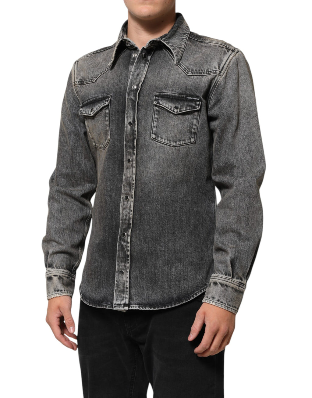 Black Washed Cotton Snap Long Sleeve Casual Shirt