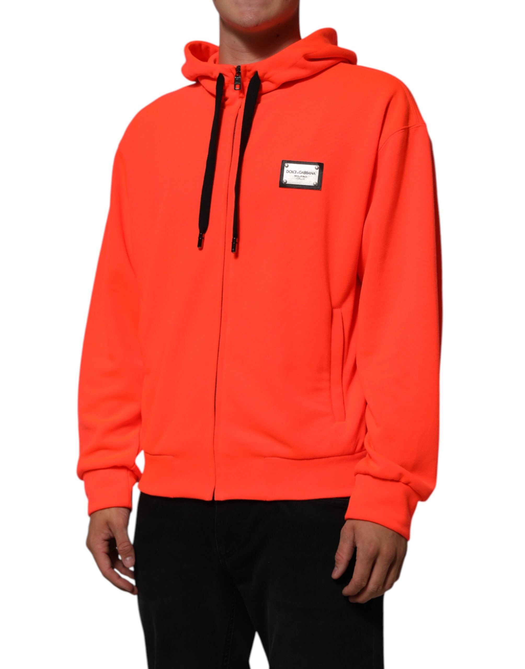 Red Fluorescent Polyester Logo Patch Hoodie Sweater