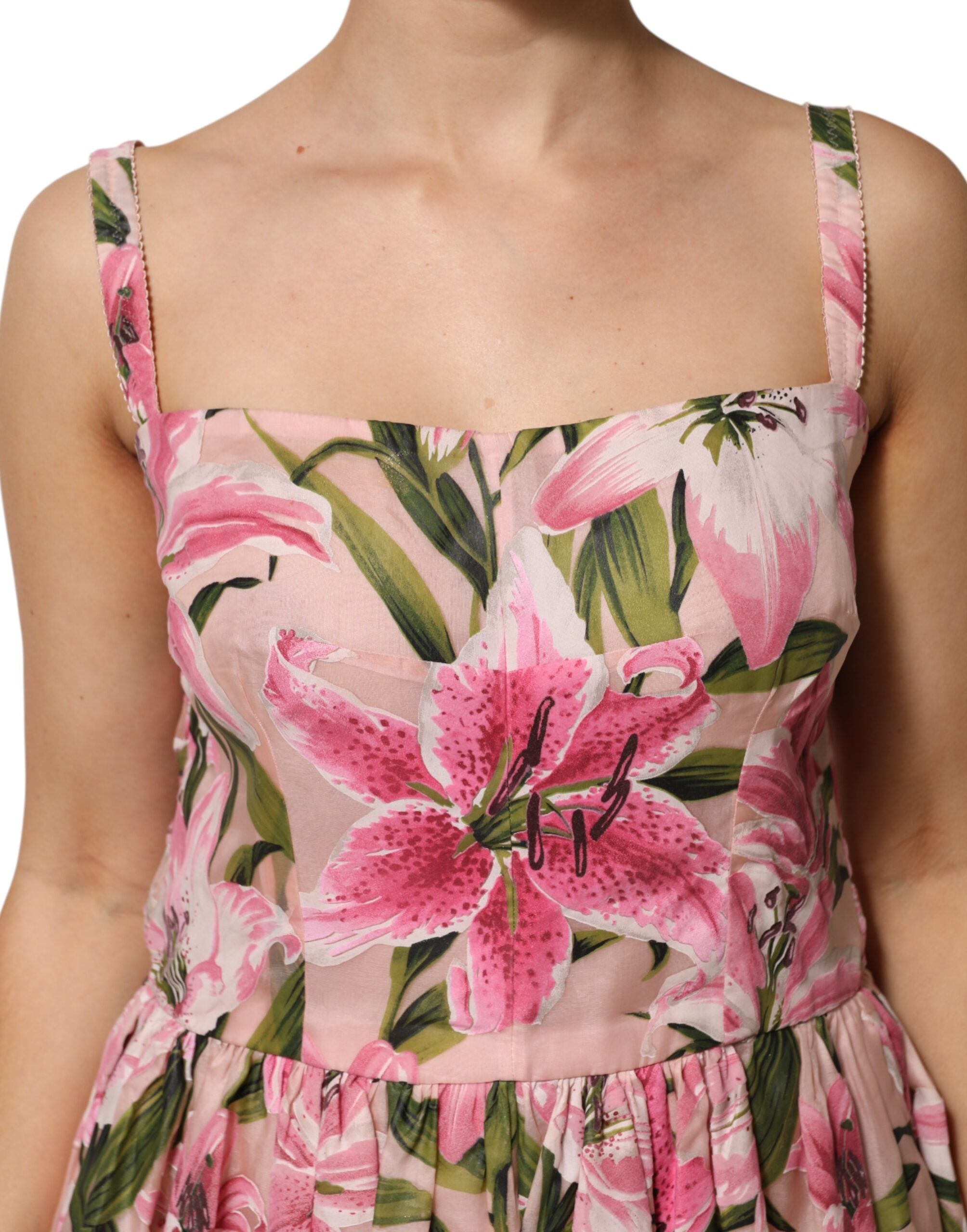 Pink Floral Lily Print Midi Sleeveless Dress