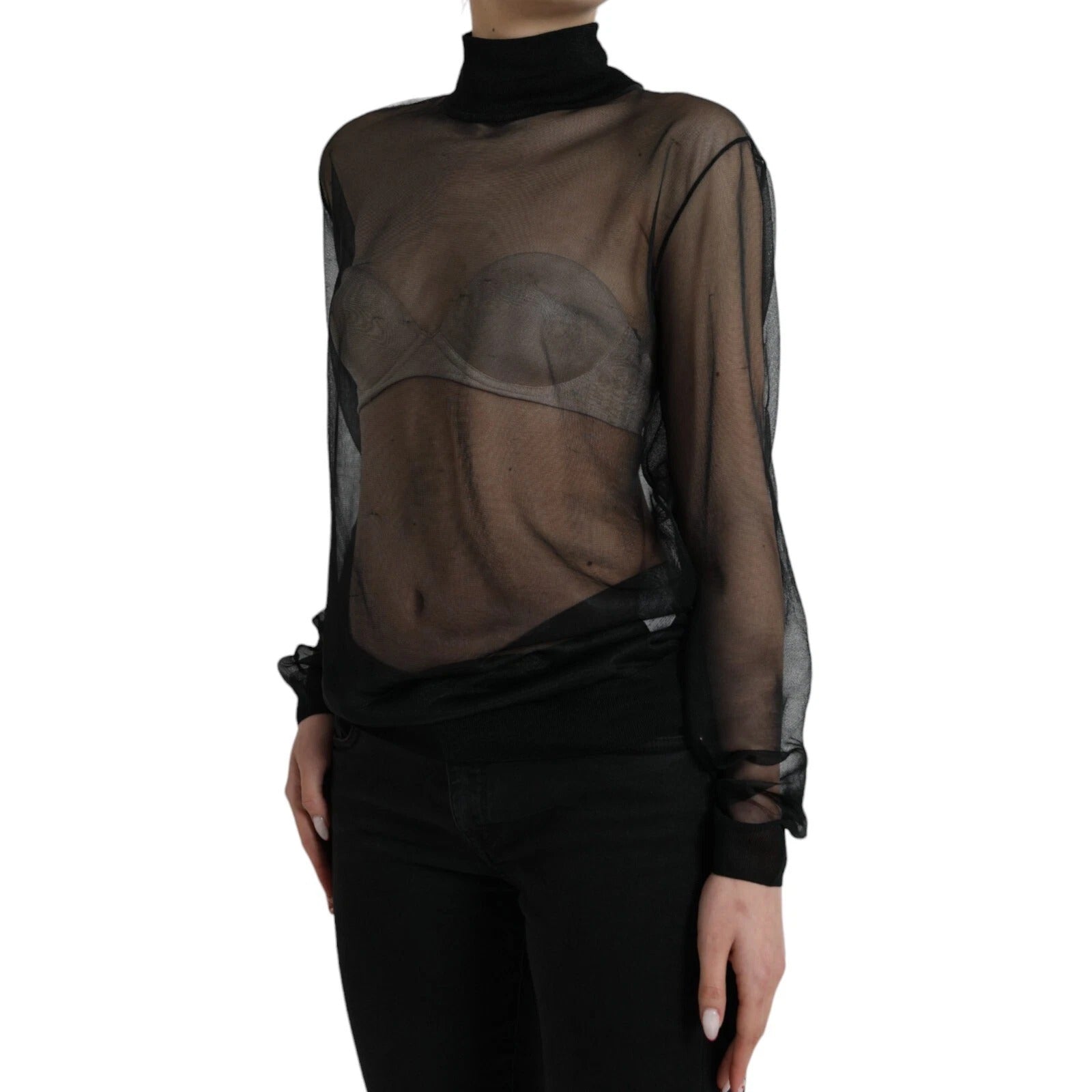 Black Mesh Turtleneck Sheer Blouse Top