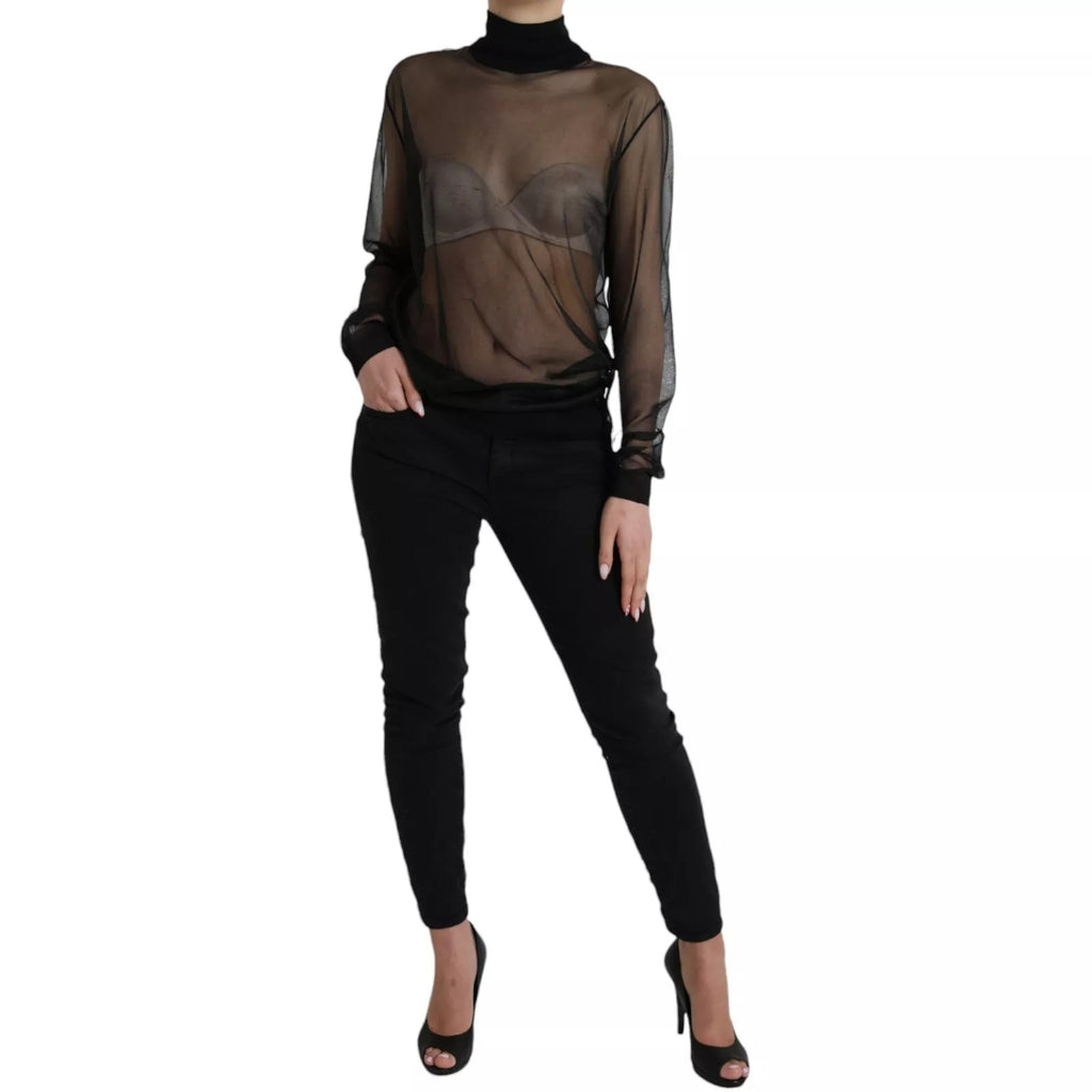 Black Mesh Turtleneck Sheer Blouse Top