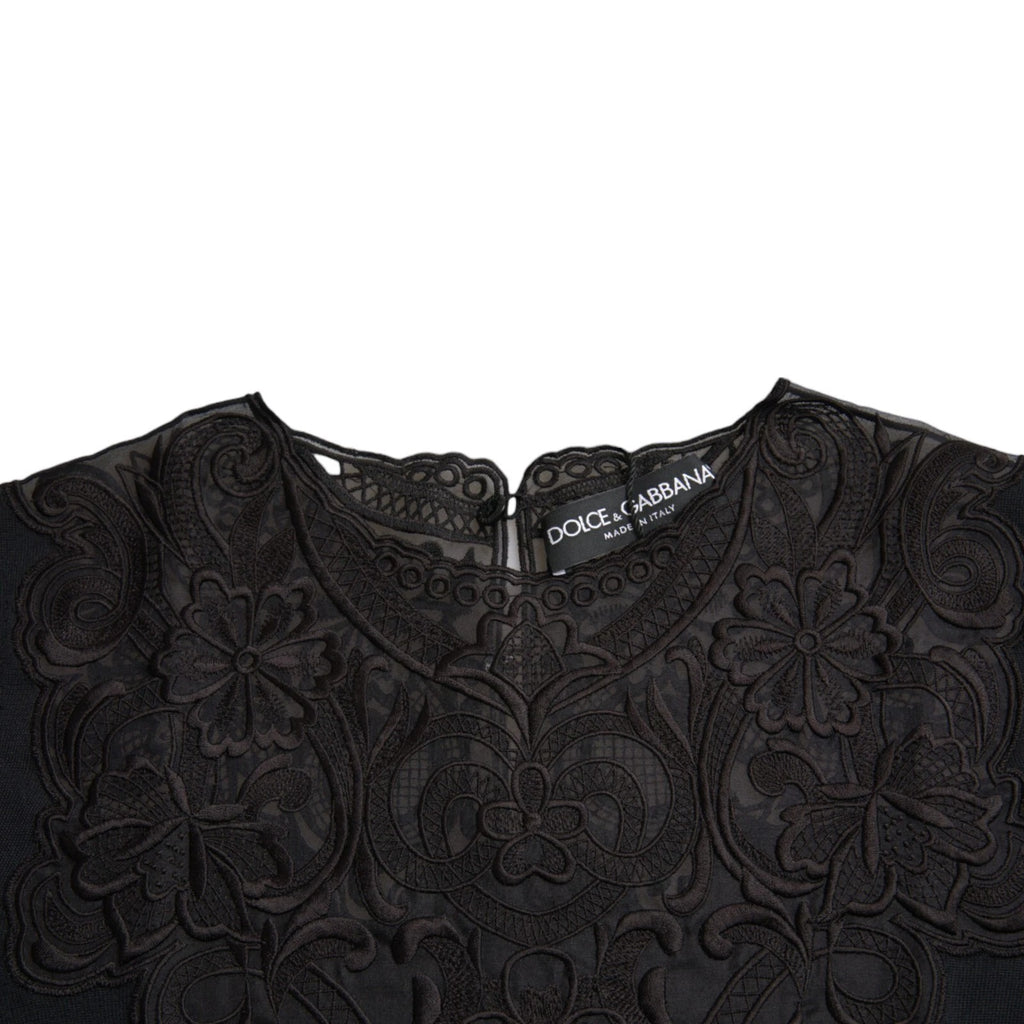 Black Silk Lace Trim Long Sleeves Blouse Top
