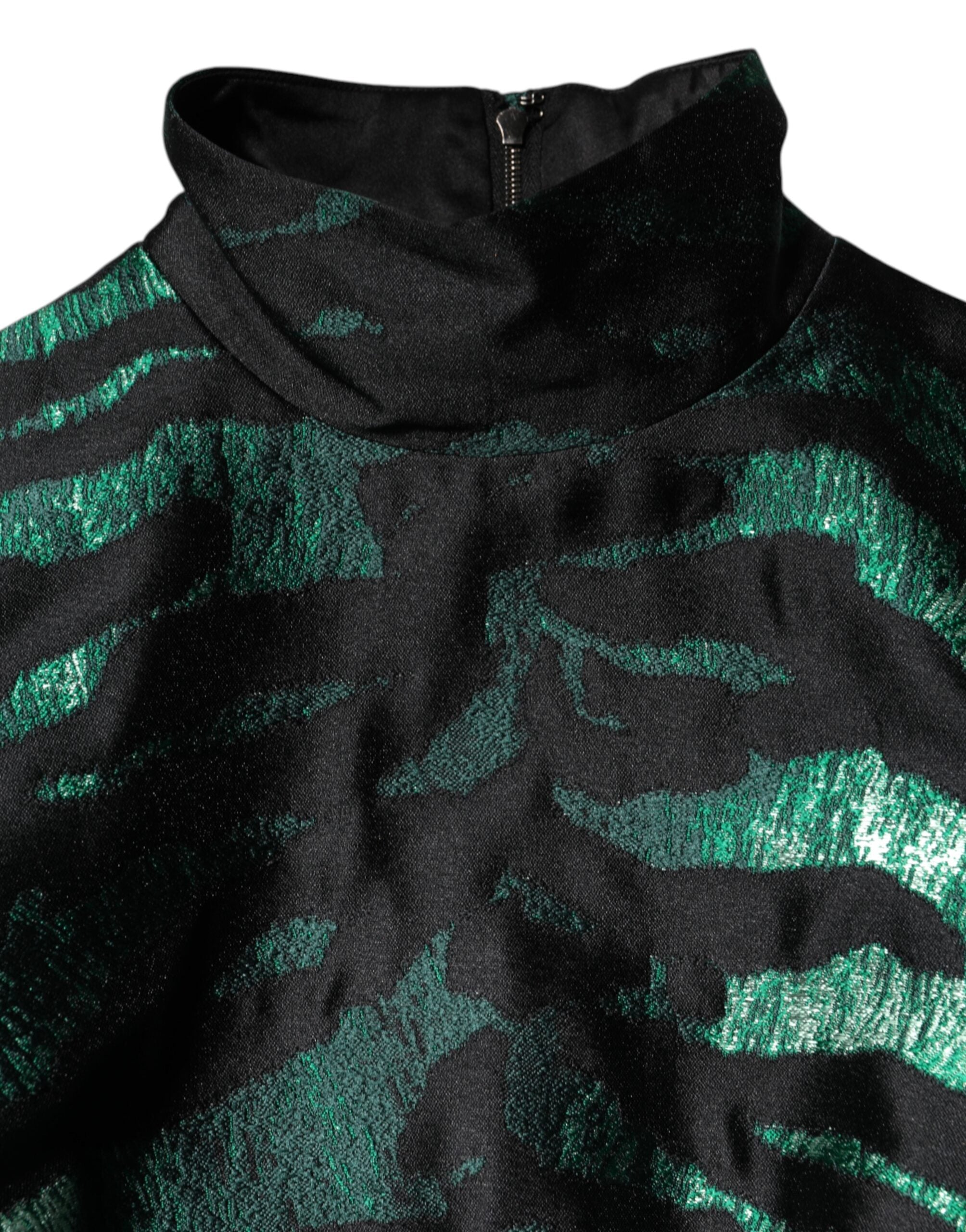 Black Green Metallic Jacquard Mini Long Dress