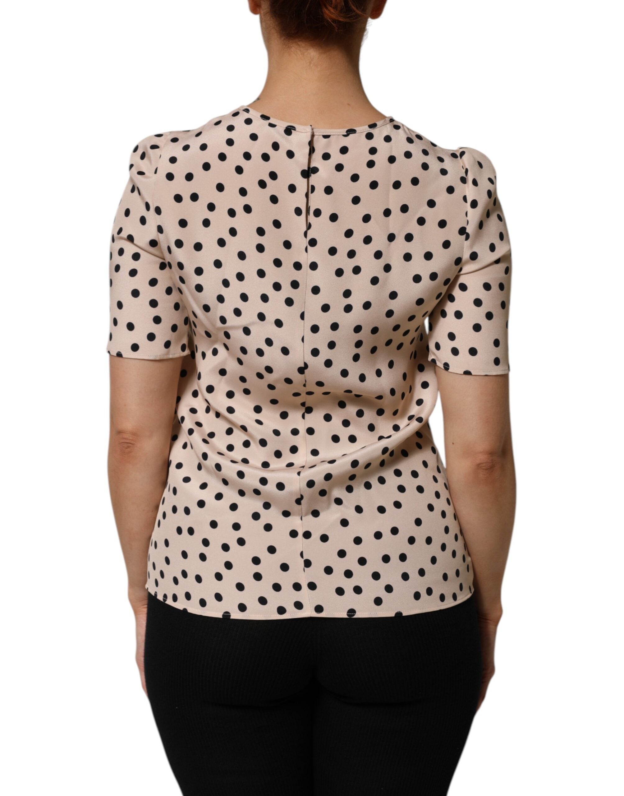Beige Black Polka Dot Silk Short Sleeve Blouse Top