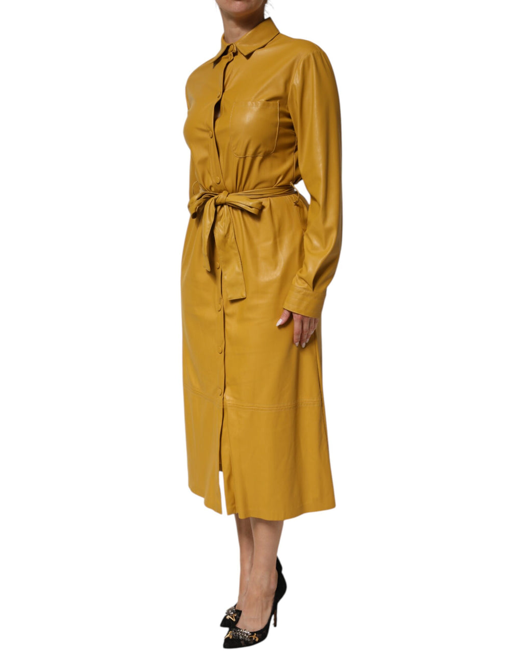 Polyester Belted Shirt Midi Long Sleeve Yellow Mustard