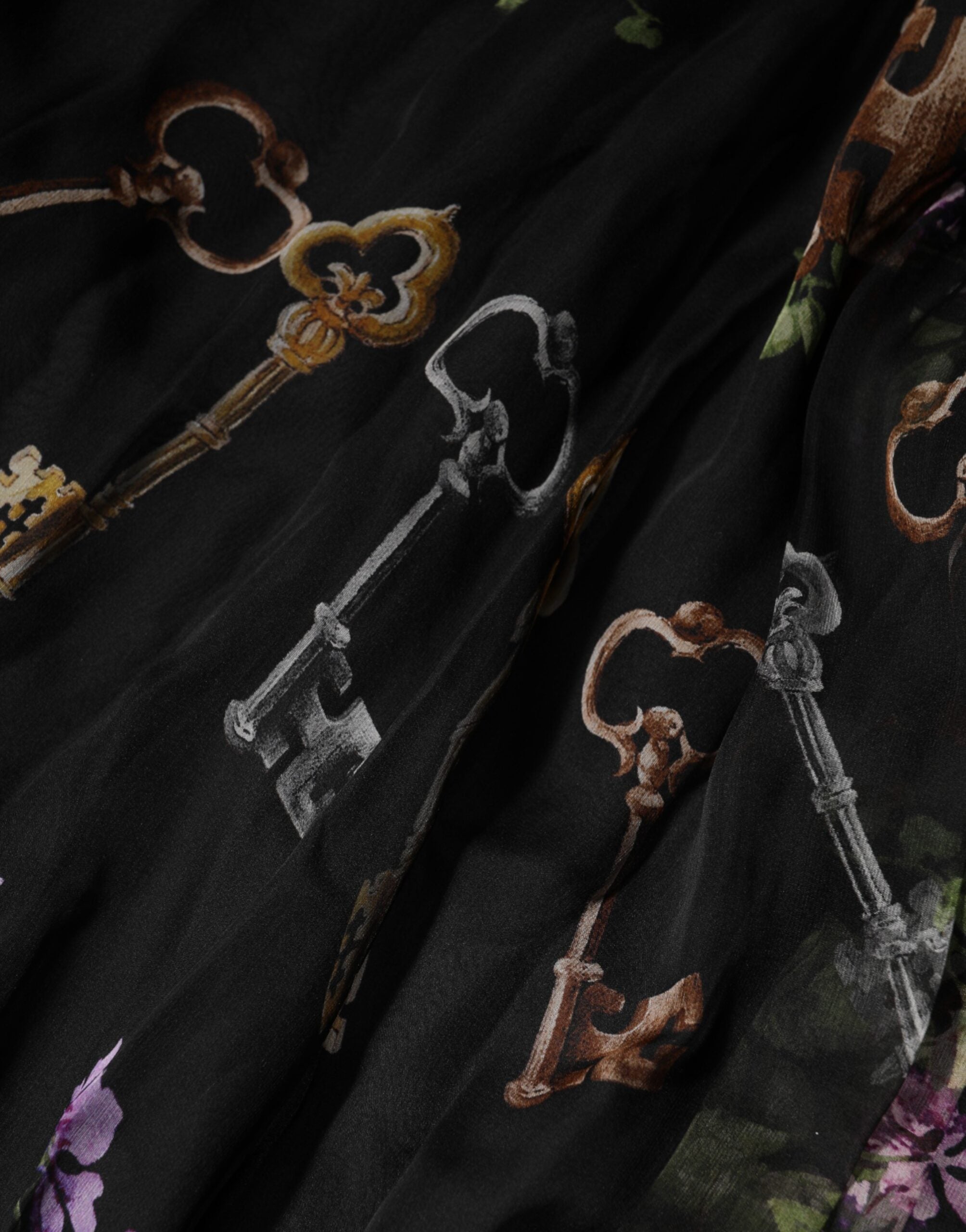 Black Floral Key Print Crystal Strapless Dress