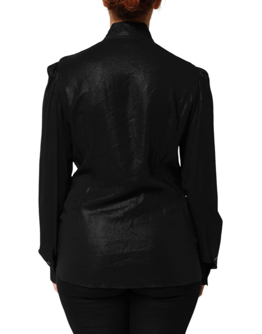Black Viscose Long Sleeve Tie Neck Blouse Top