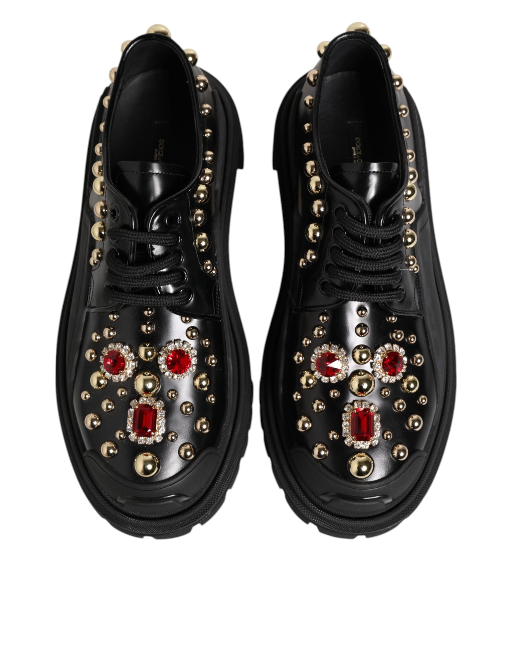 Black Leather Jeweled Crystals Derby Shoes