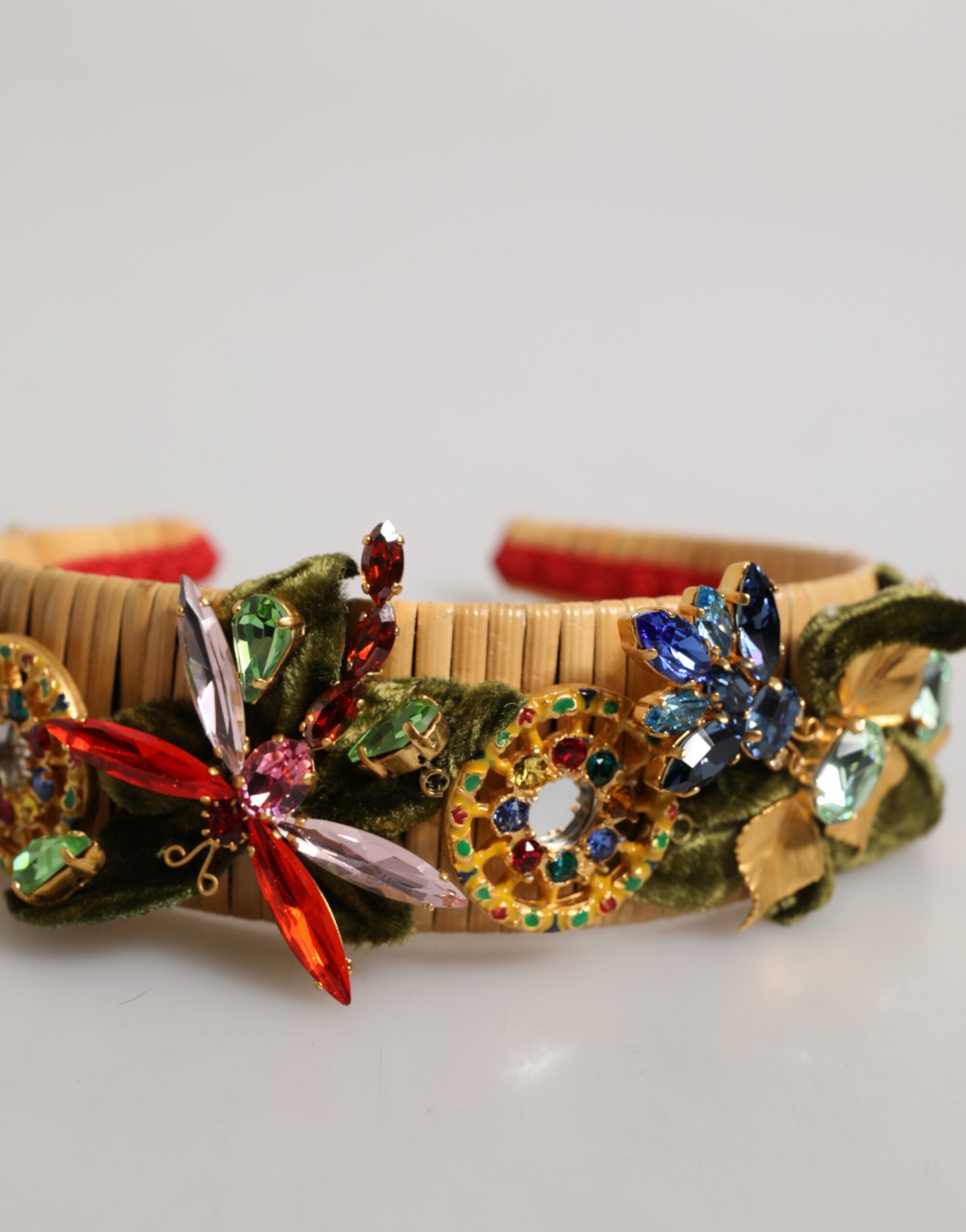 Multicolor Crystal Floral Gold Green Velvet Crown Headband