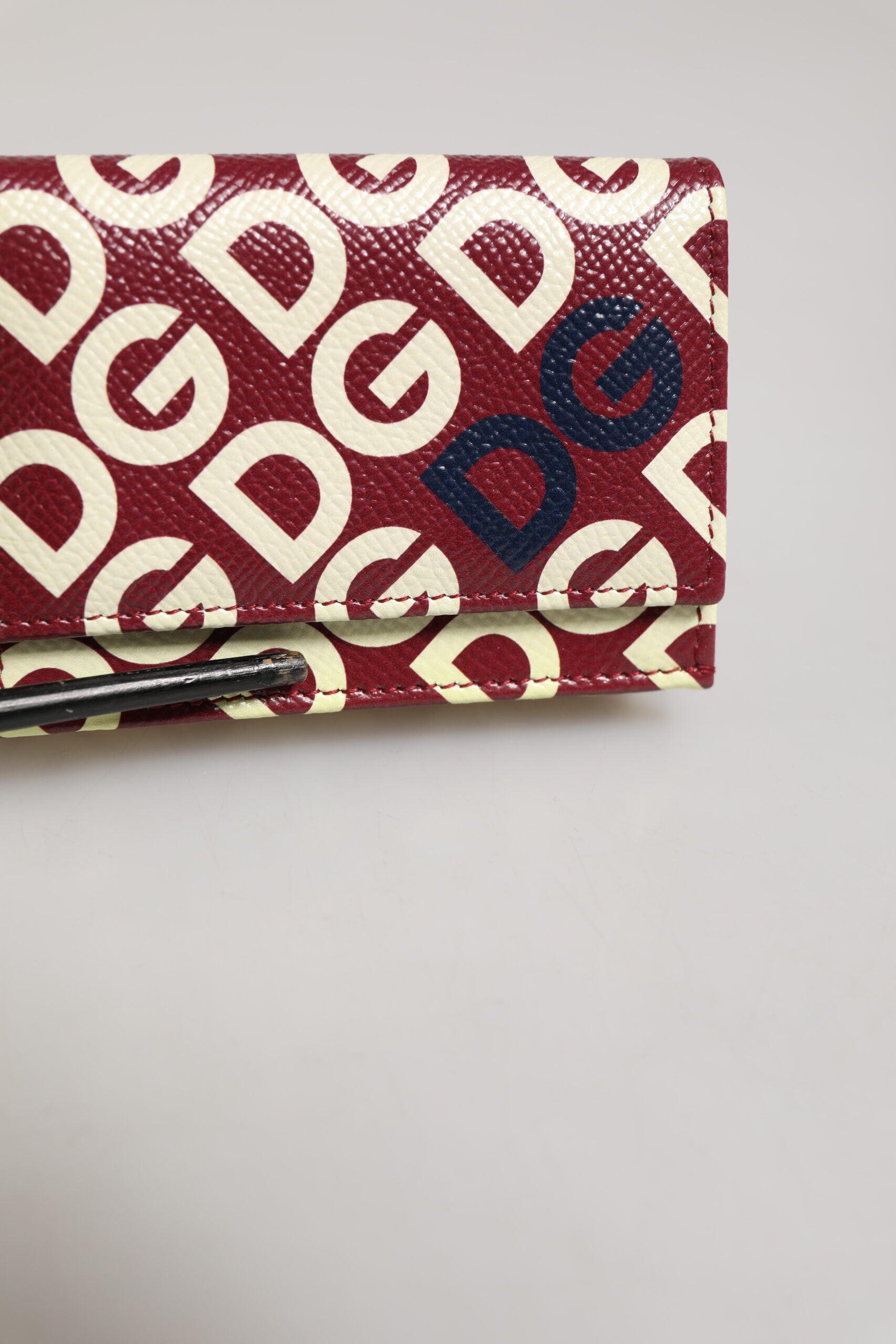 Burgundy Logo Print Calf Leather French Flap Card Holder Wallet