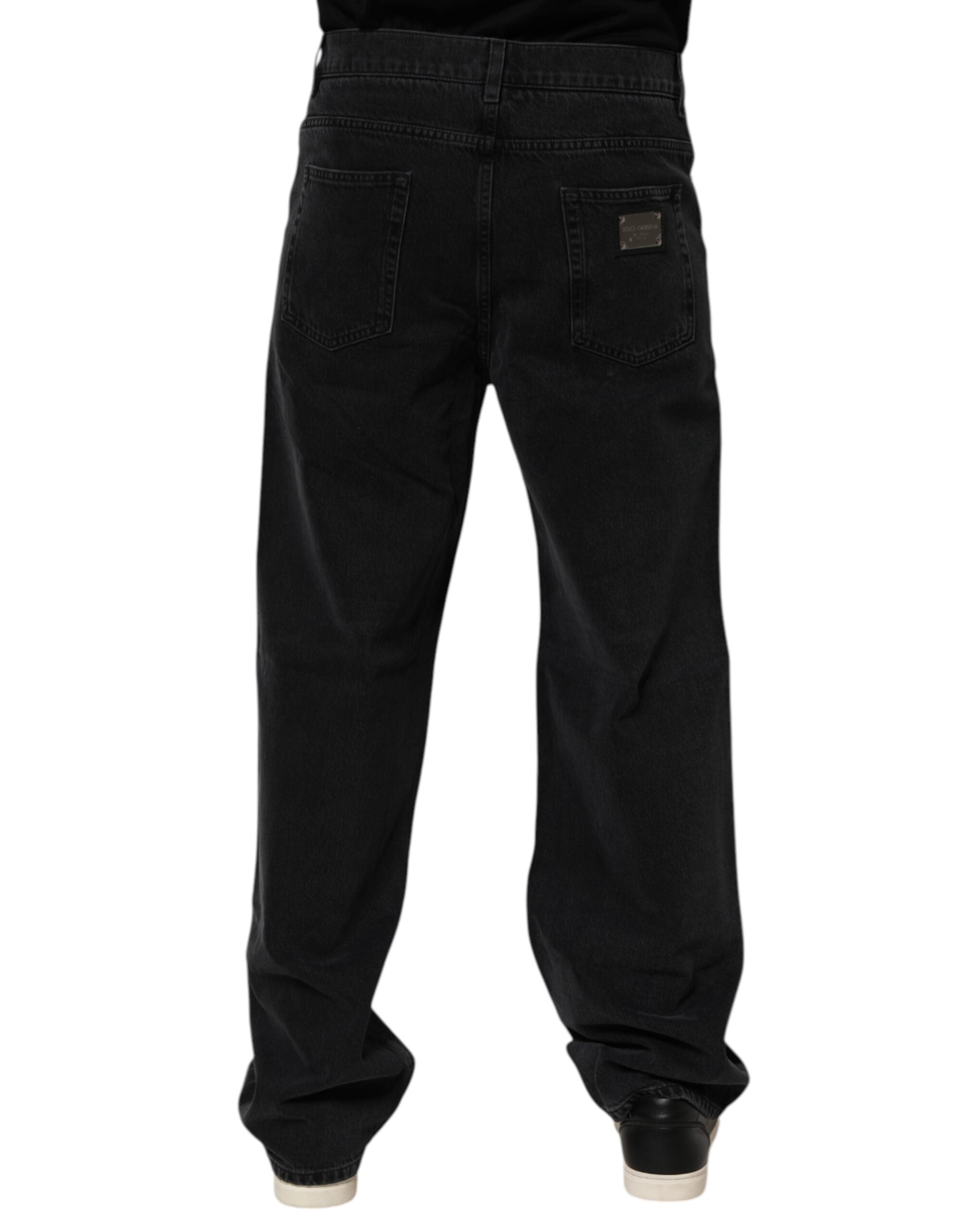 Black Cotton Logo Men Mid Waist Denim Jeans
