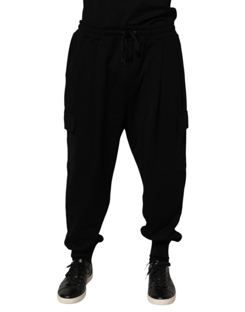 Black Cotton Blend Cargo Joggers Drawstring Pants