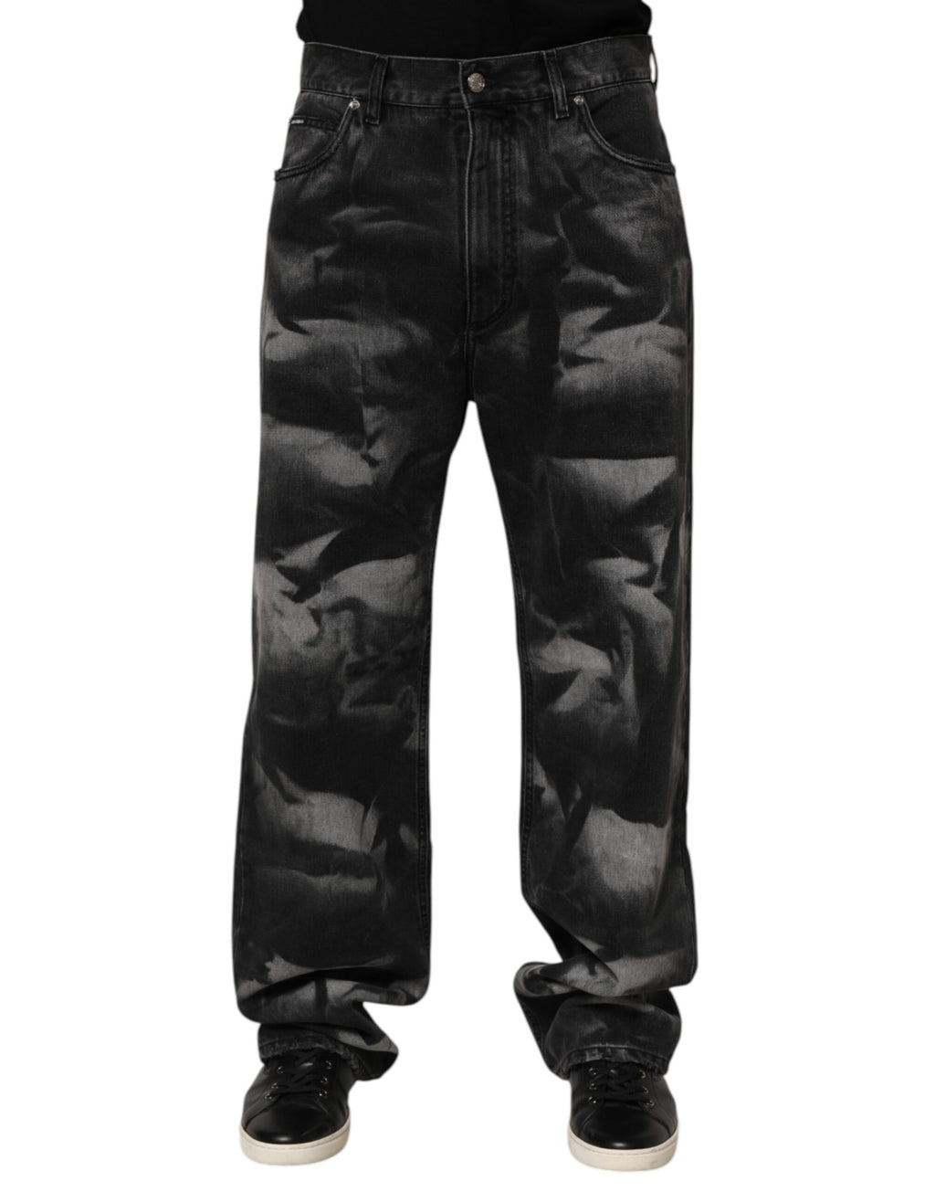 Black Marbled Effect Straight Men Denim Jeans