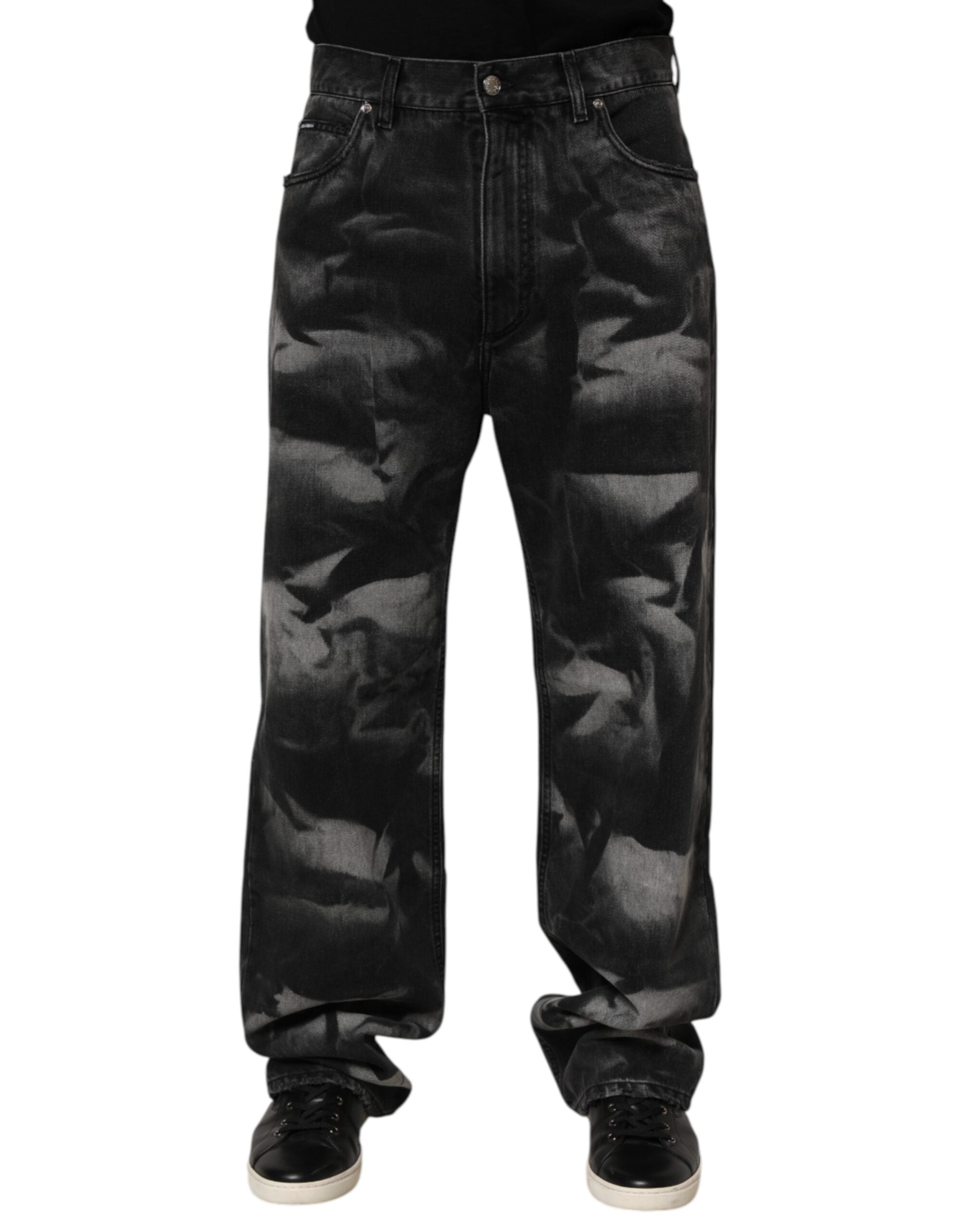 Black Marbled Effect Straight Men Denim Jeans