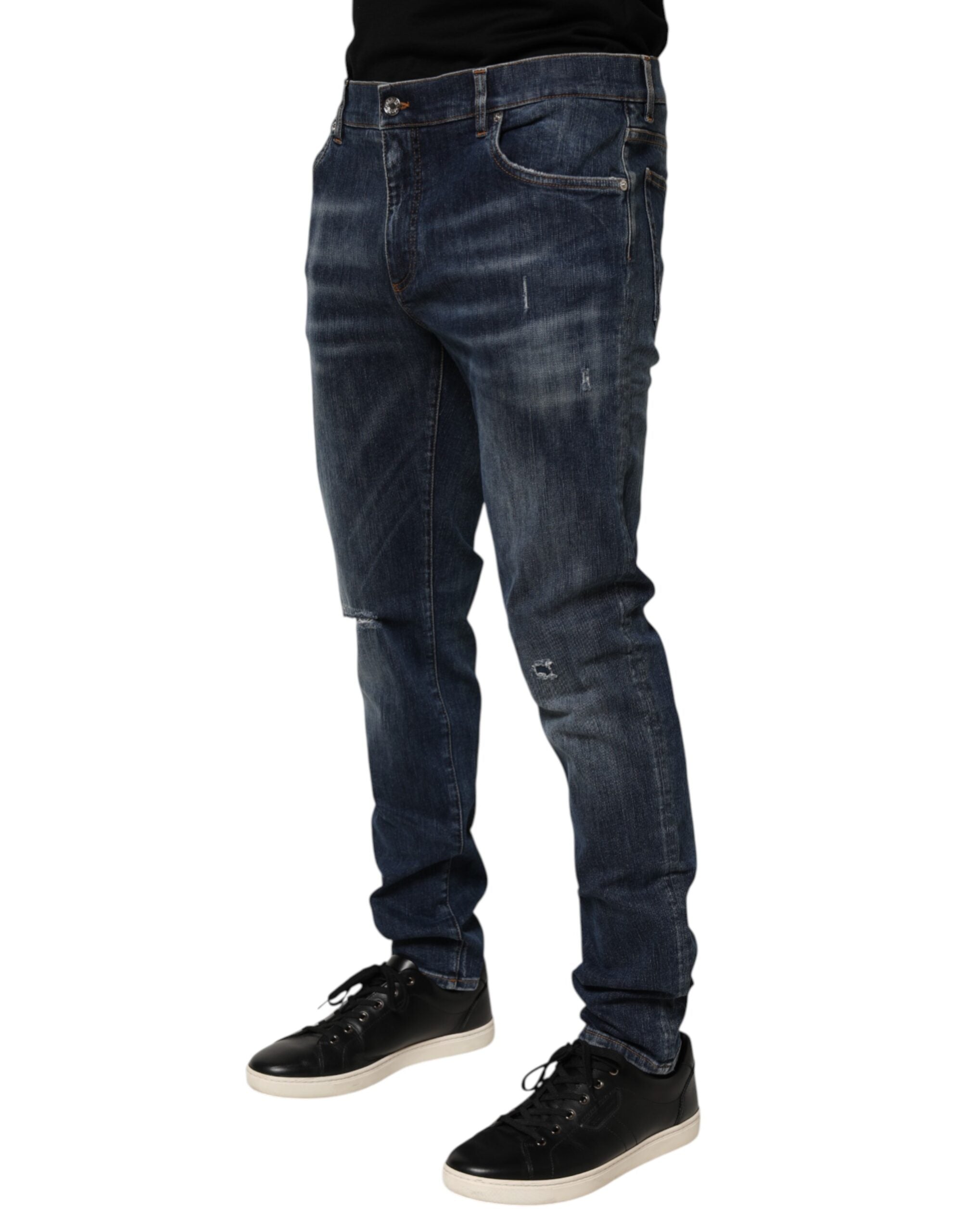 Dark Blue Washed Running Ripped Denim Jeans
