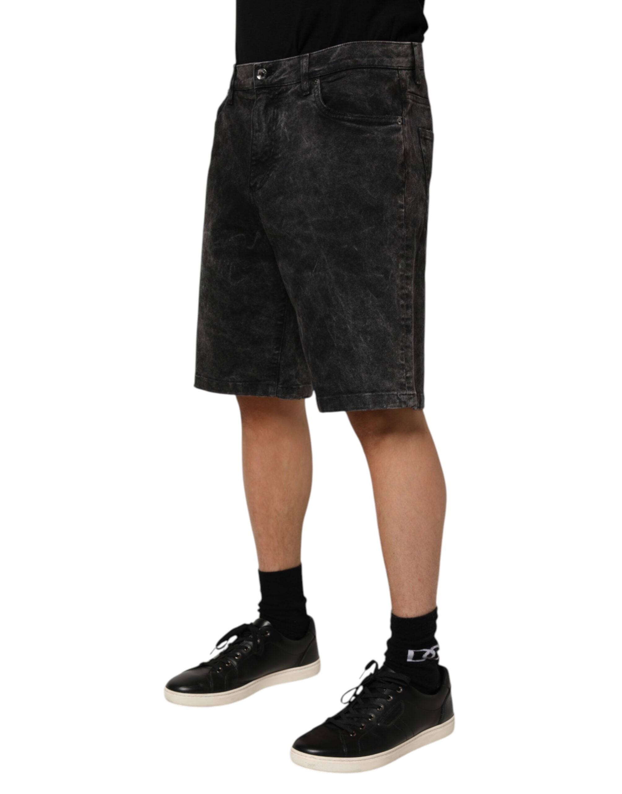 Black Cotton Mid Waist Denim Men Bermuda Short