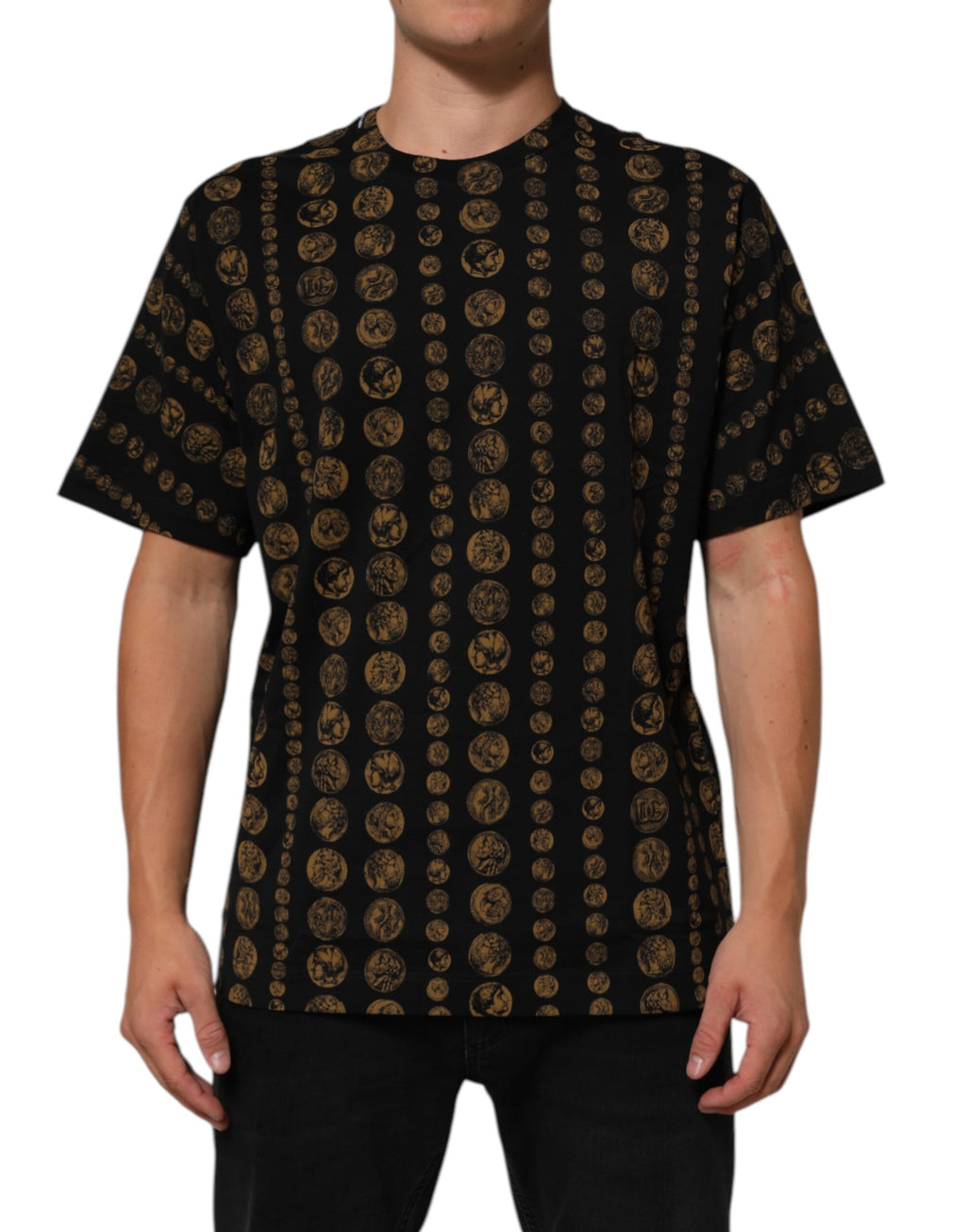 Black Cotton Coin Print Crew Neck T-shirt