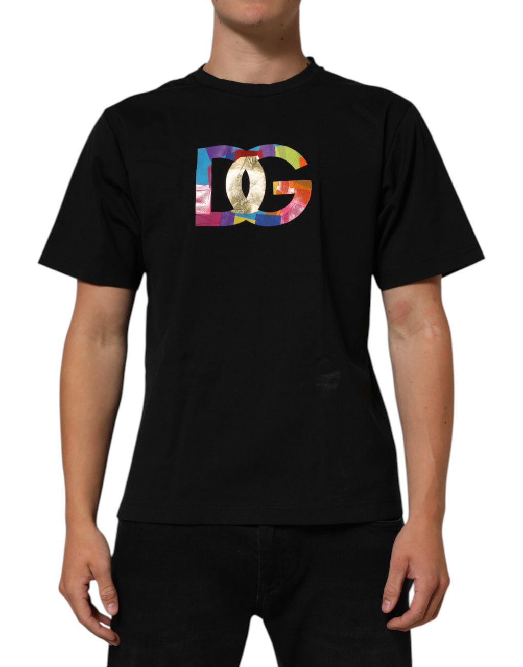 Black Logo Print Cotton Men Crew Neck T-shirt