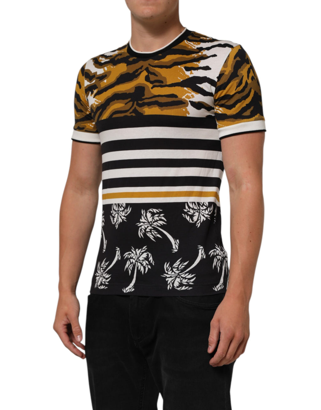 Dolce & Gabbana Multicolor Leopard Palm Leaf Men Crew Neck T-shirt