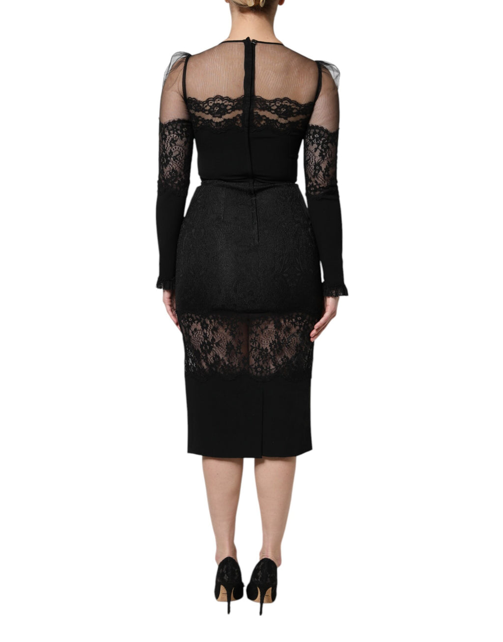 Black Lace Trim Nylon Tulle SheathMidi Dress