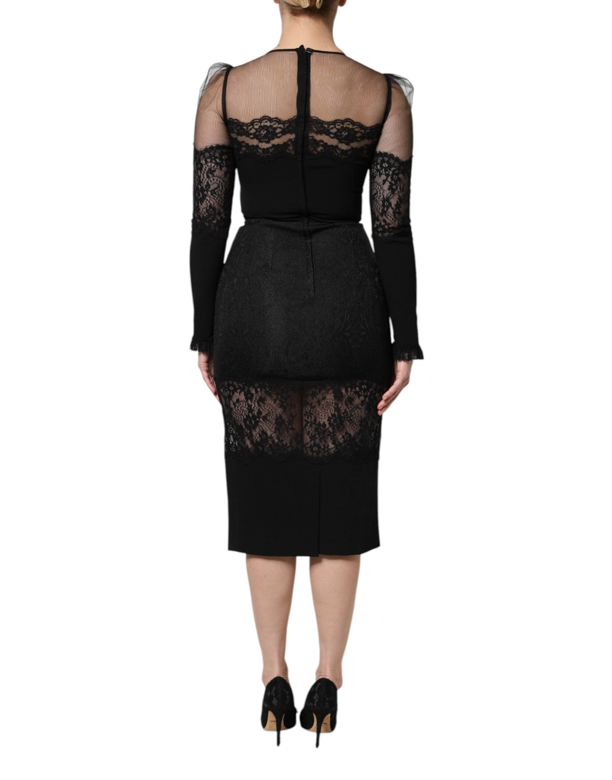Black Lace Trim Nylon Tulle SheathMidi Dress