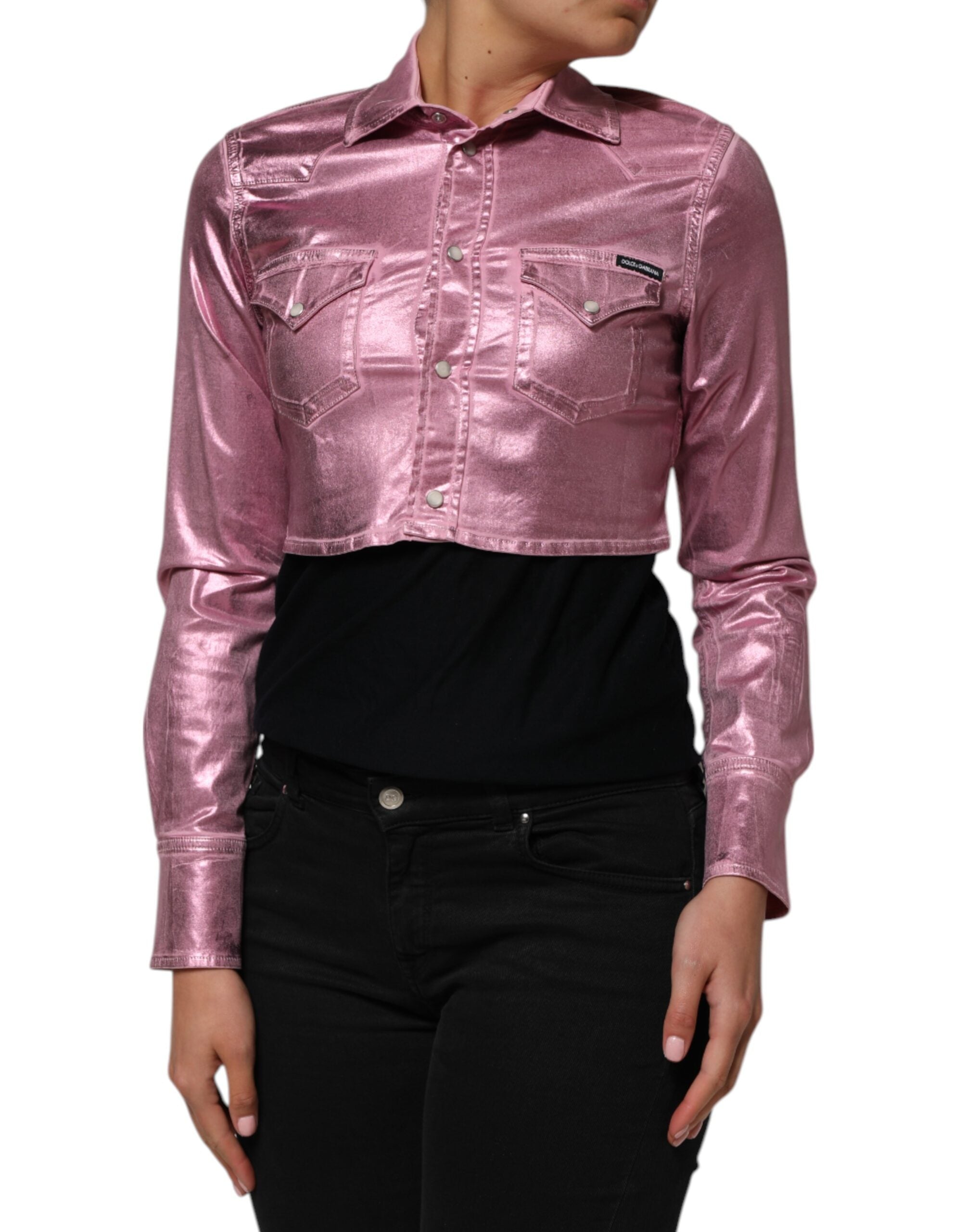 Pink Cotton Stretch Collared Cropped Jacket