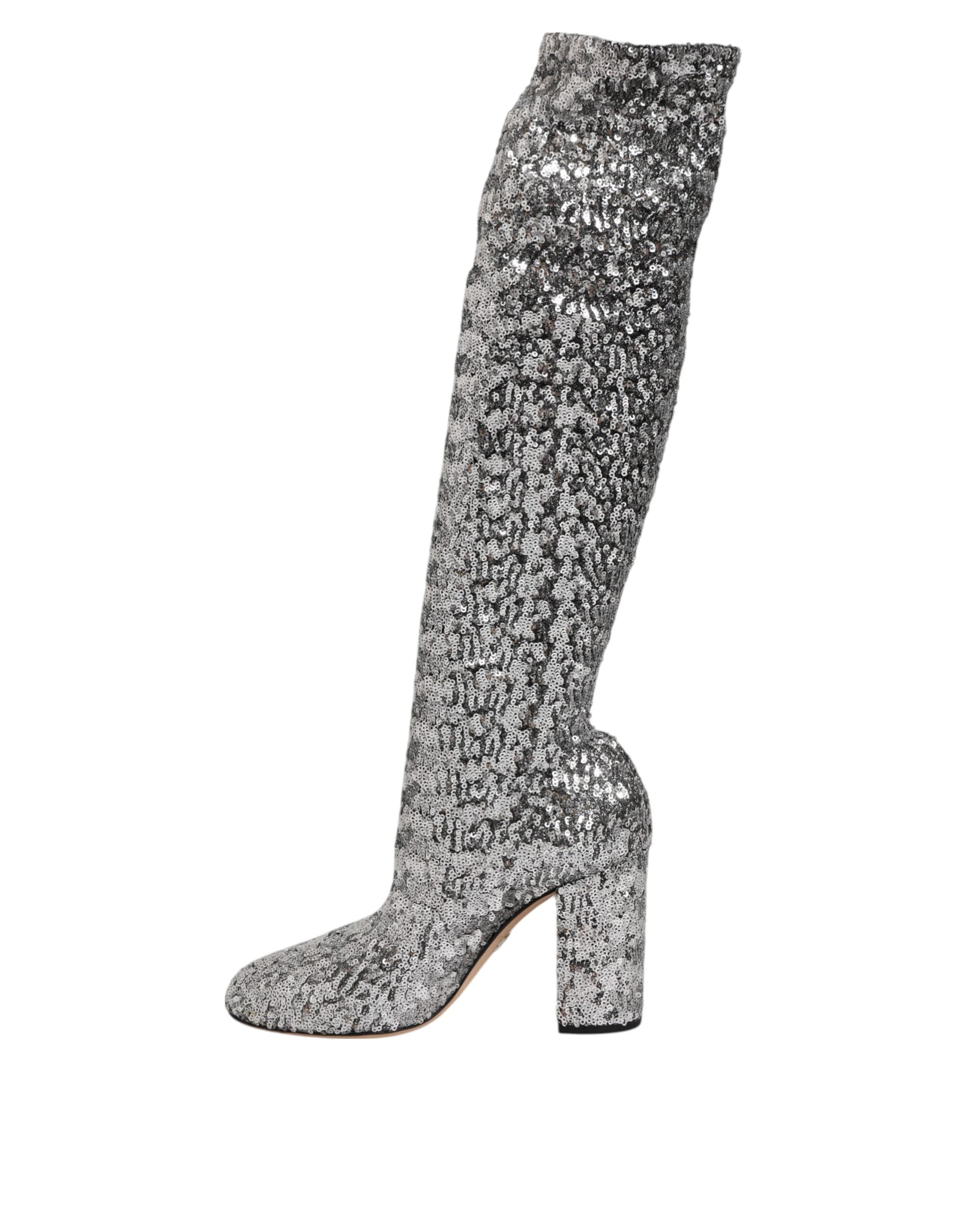 Silver Sequins Glitter High Heel Boot Shoes