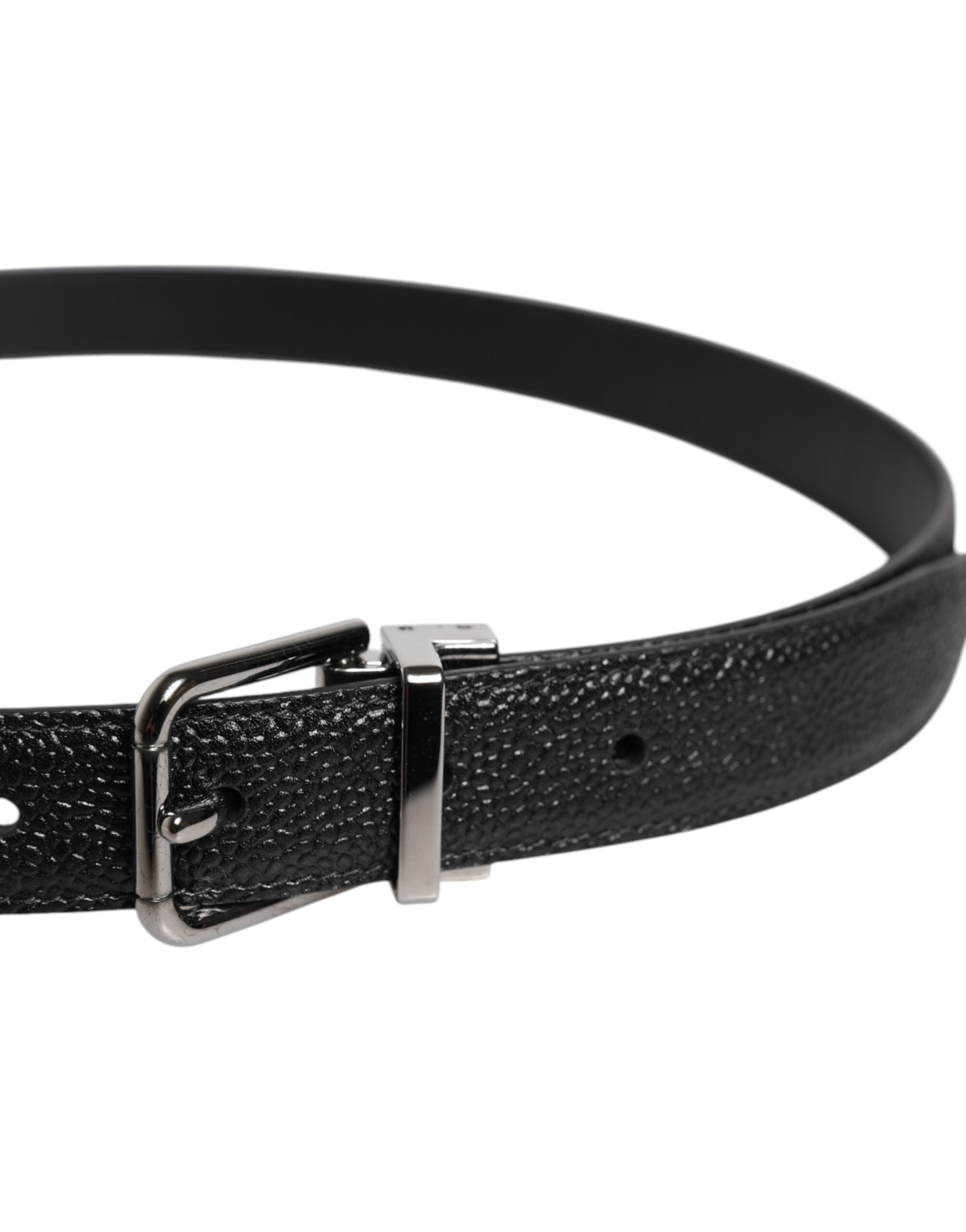 Black Textured Leather Silver Metal Buckle Men Belt