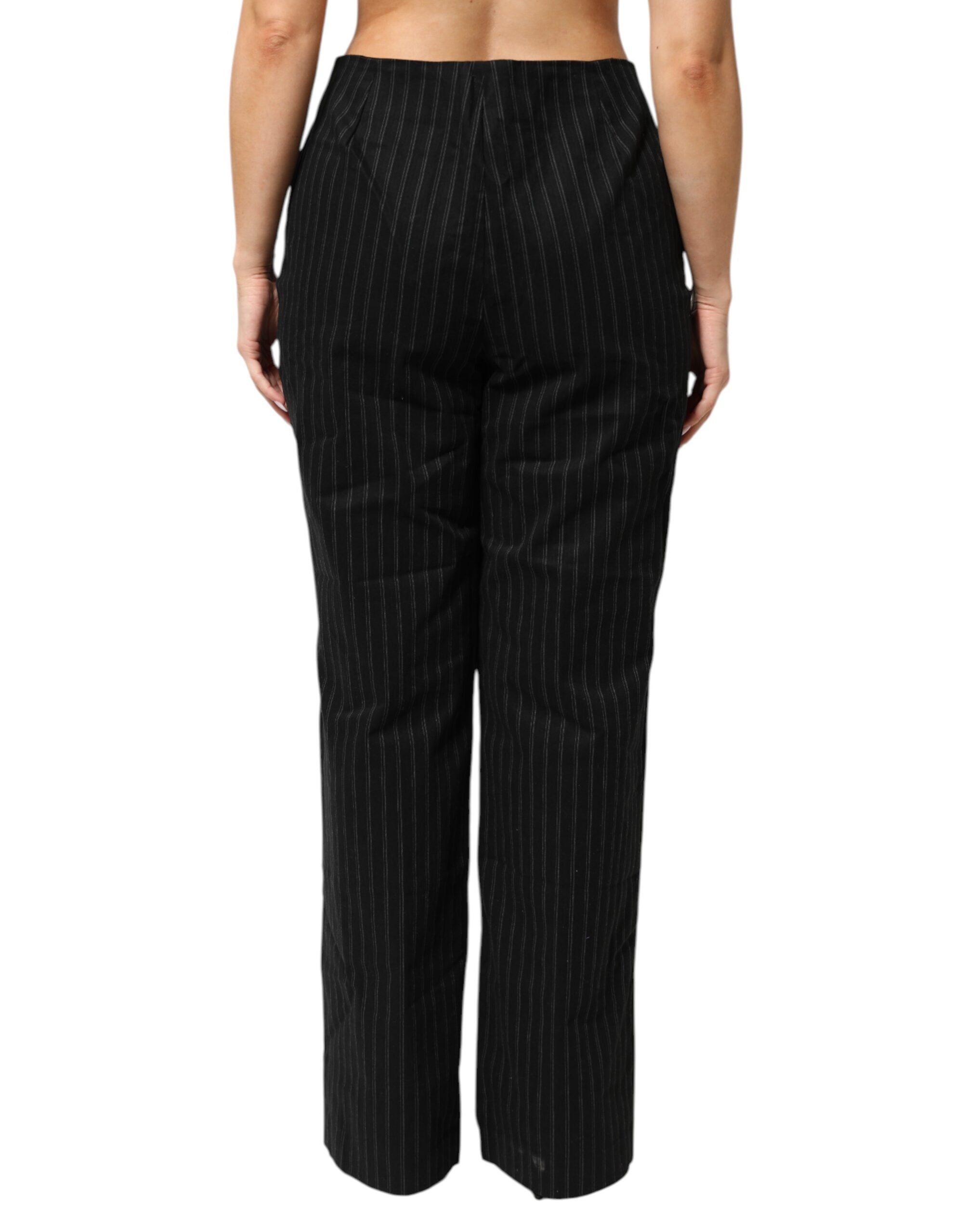 Black Wool Blend Pinstripe Straight Leg Pants