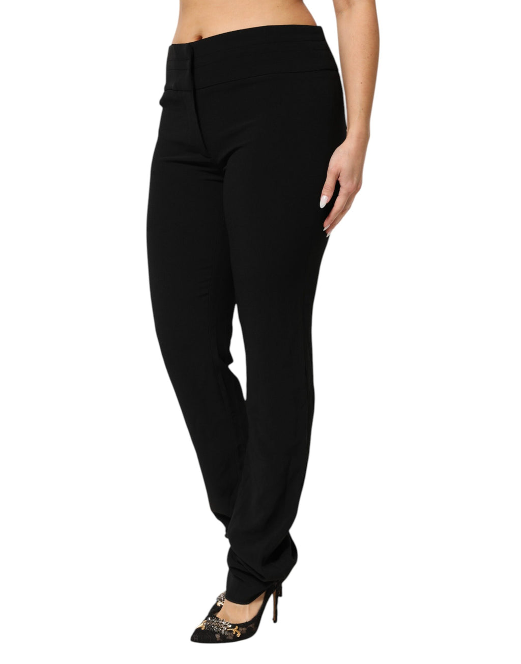 Black Viscose Acetate Blend Straight Leg High Waist Pants