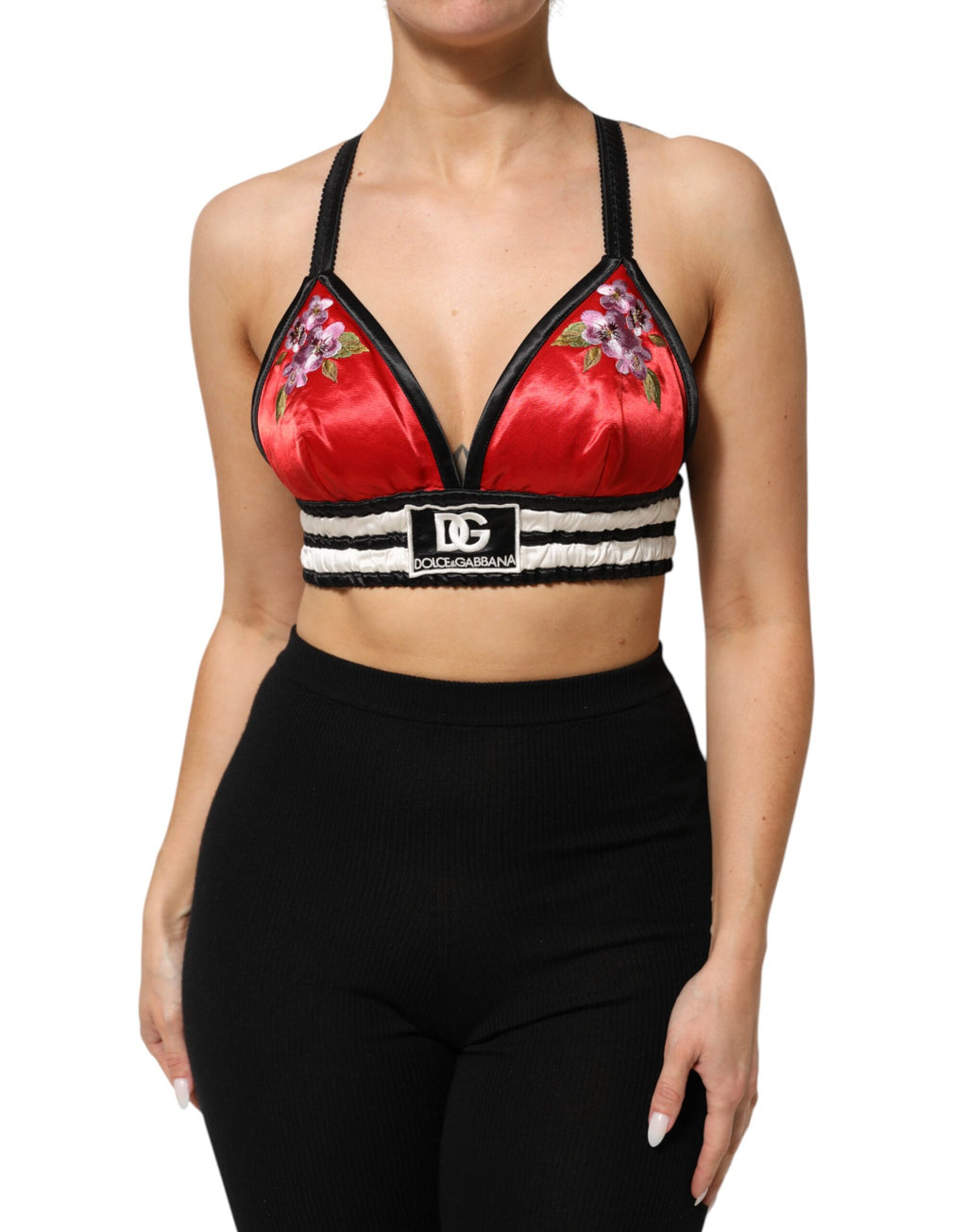Red Satin Floral Embroidered Bralette Crop Top
