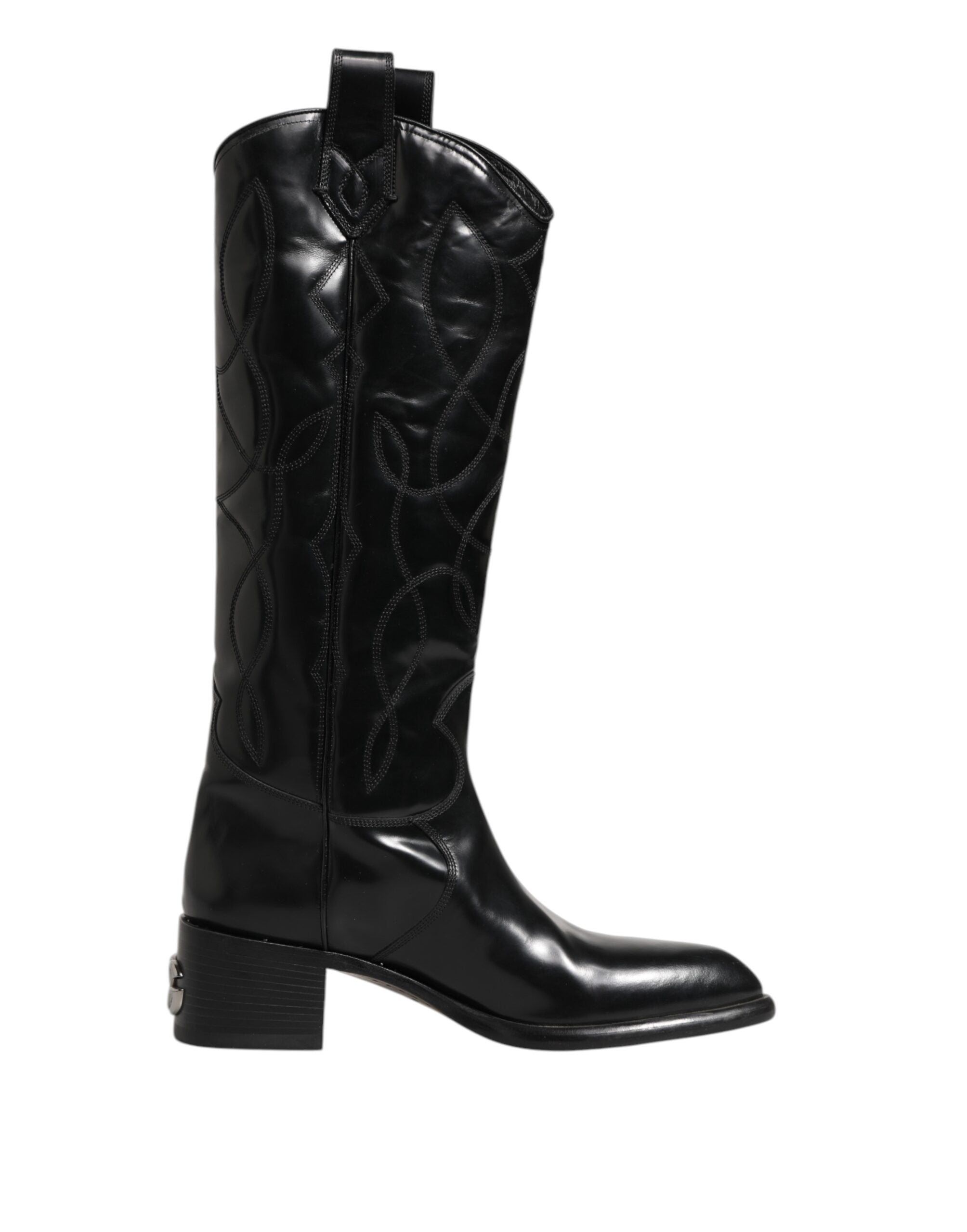 Black Leather Over The Calf Biker Boots Shoes