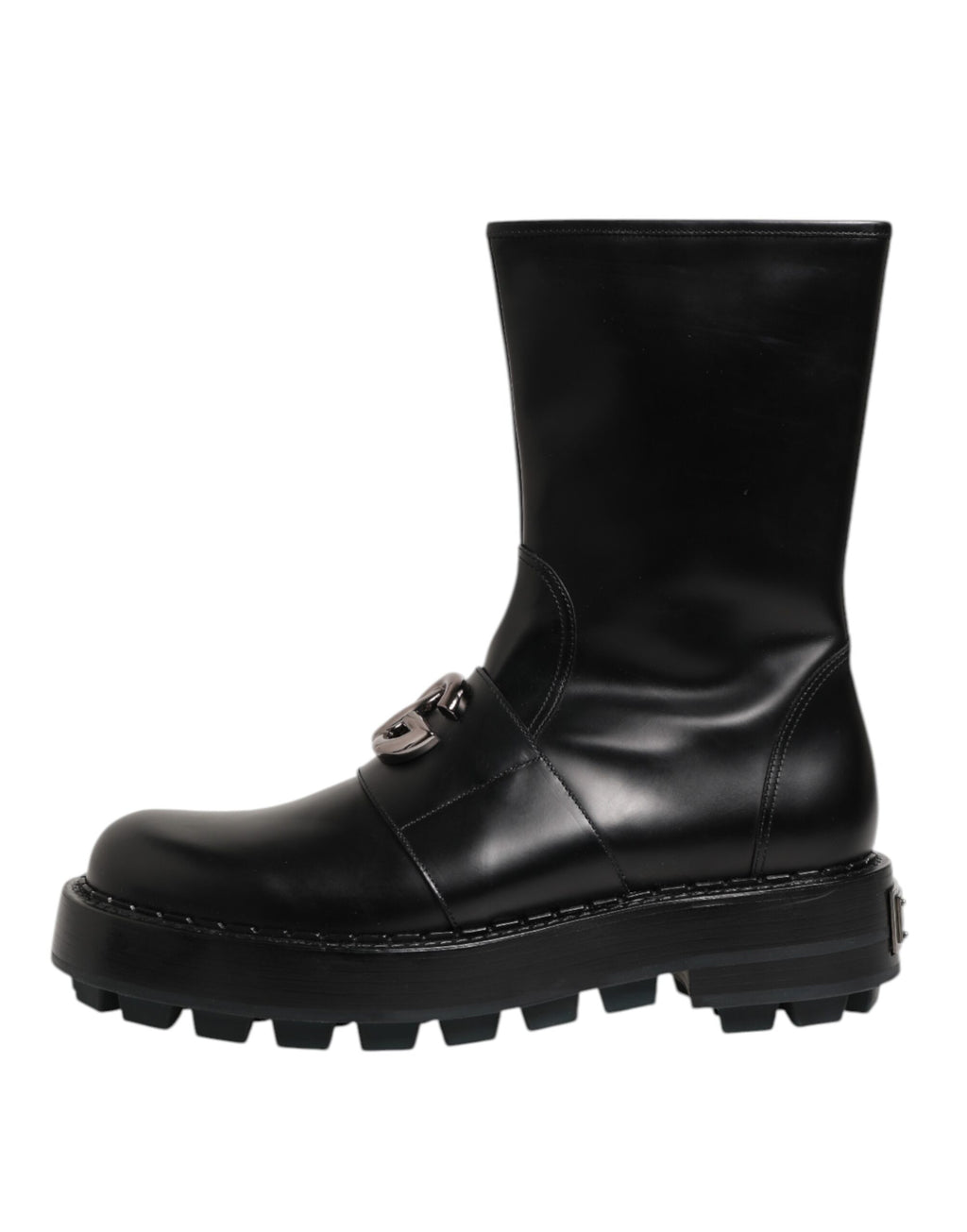 Black Logo Plaque Mid Calf Biker Boots Shoes
