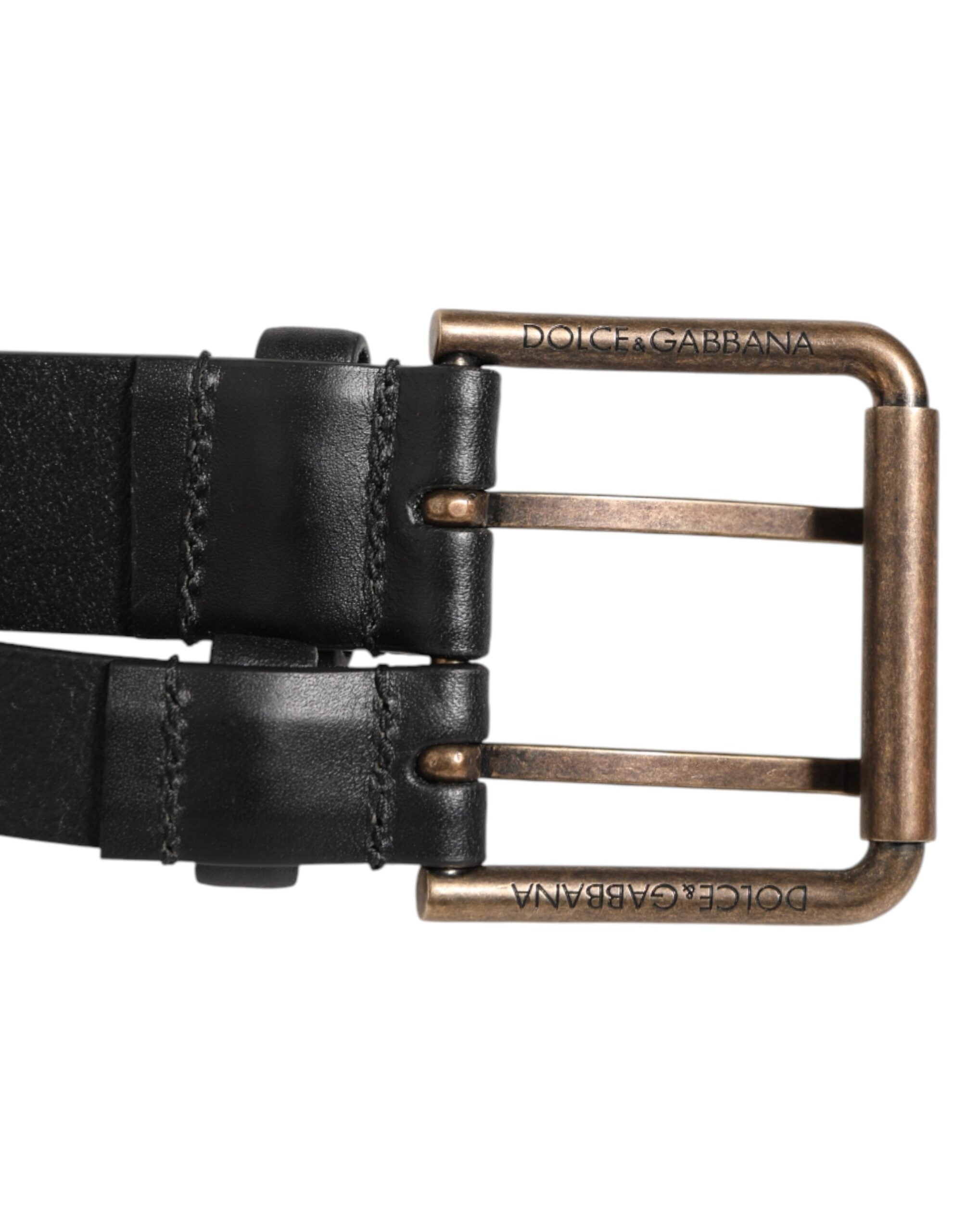 Black Double Strap Leather Brass Buckle Belt