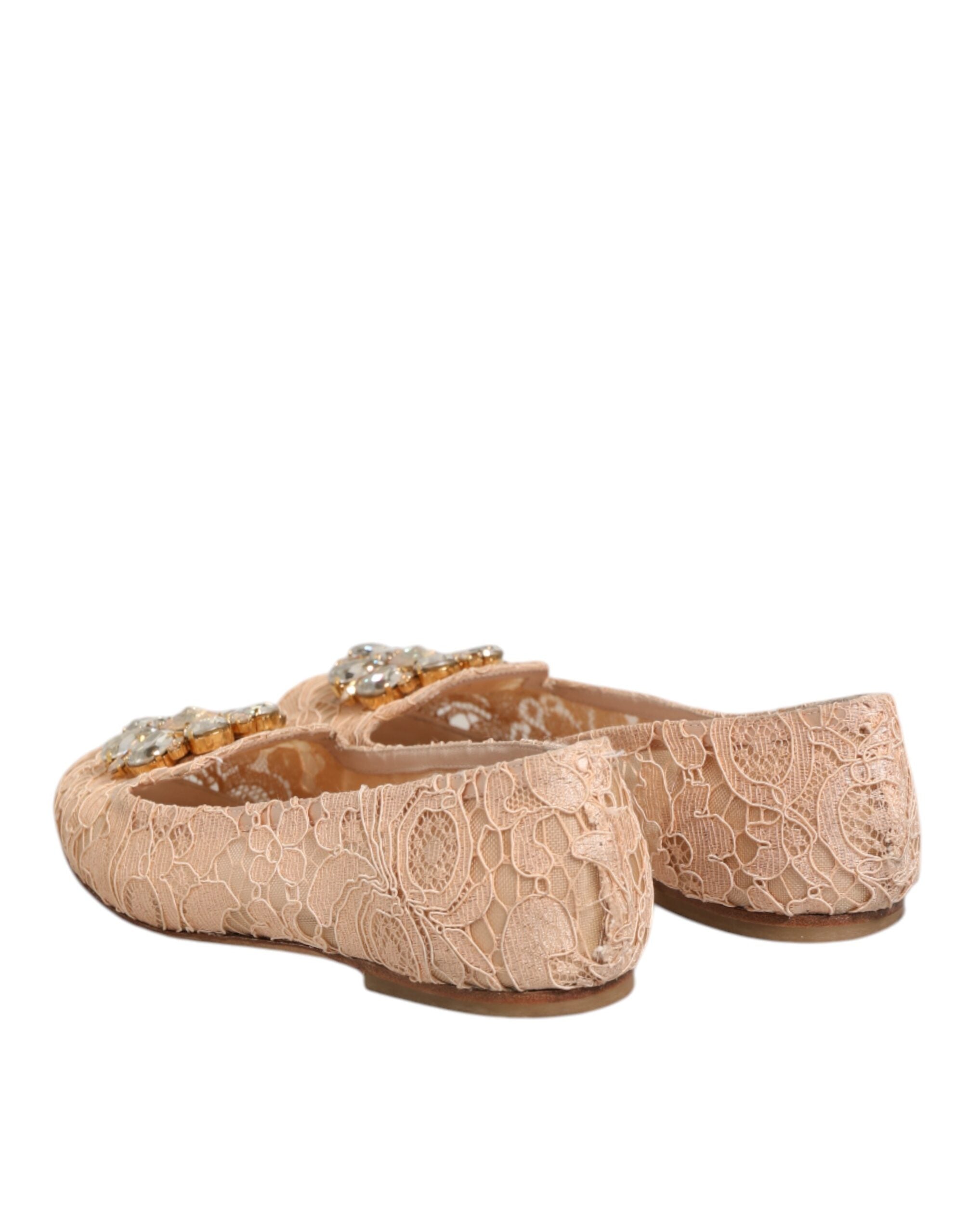 Beige Taormina Lace Crystals Flats Shoes