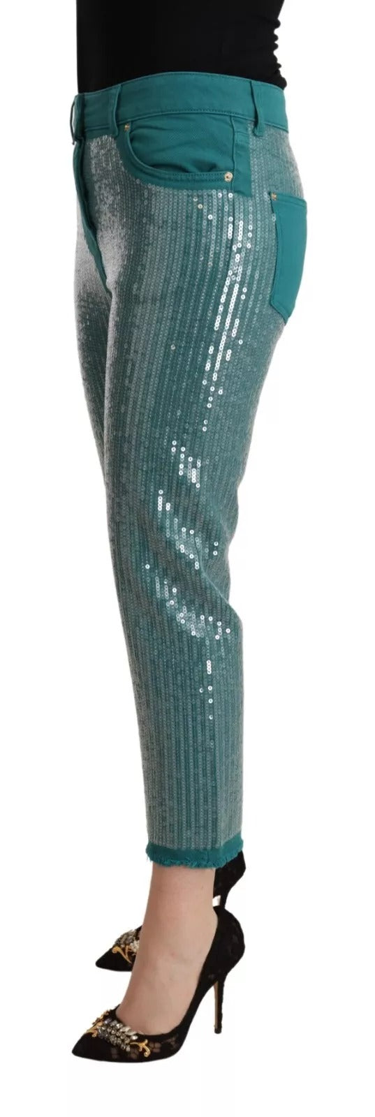 Cadet Blue Sequined Low Waist Cropped Trouser Pants