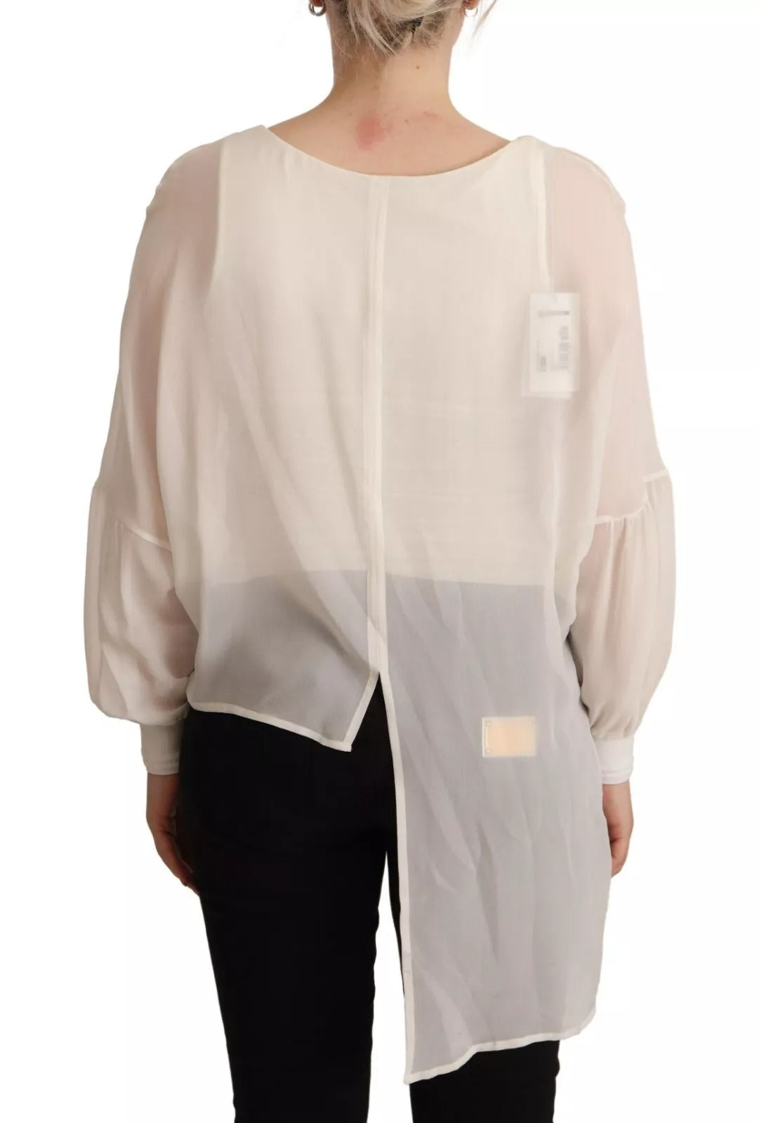 Off White Silk Long Sleeves Deep Vneck Top