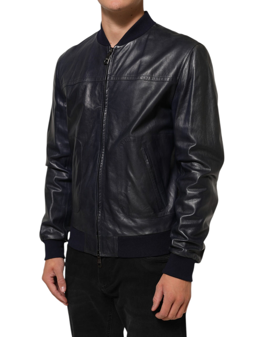 Blue Leather Full Zip Biker Blouson Jacket