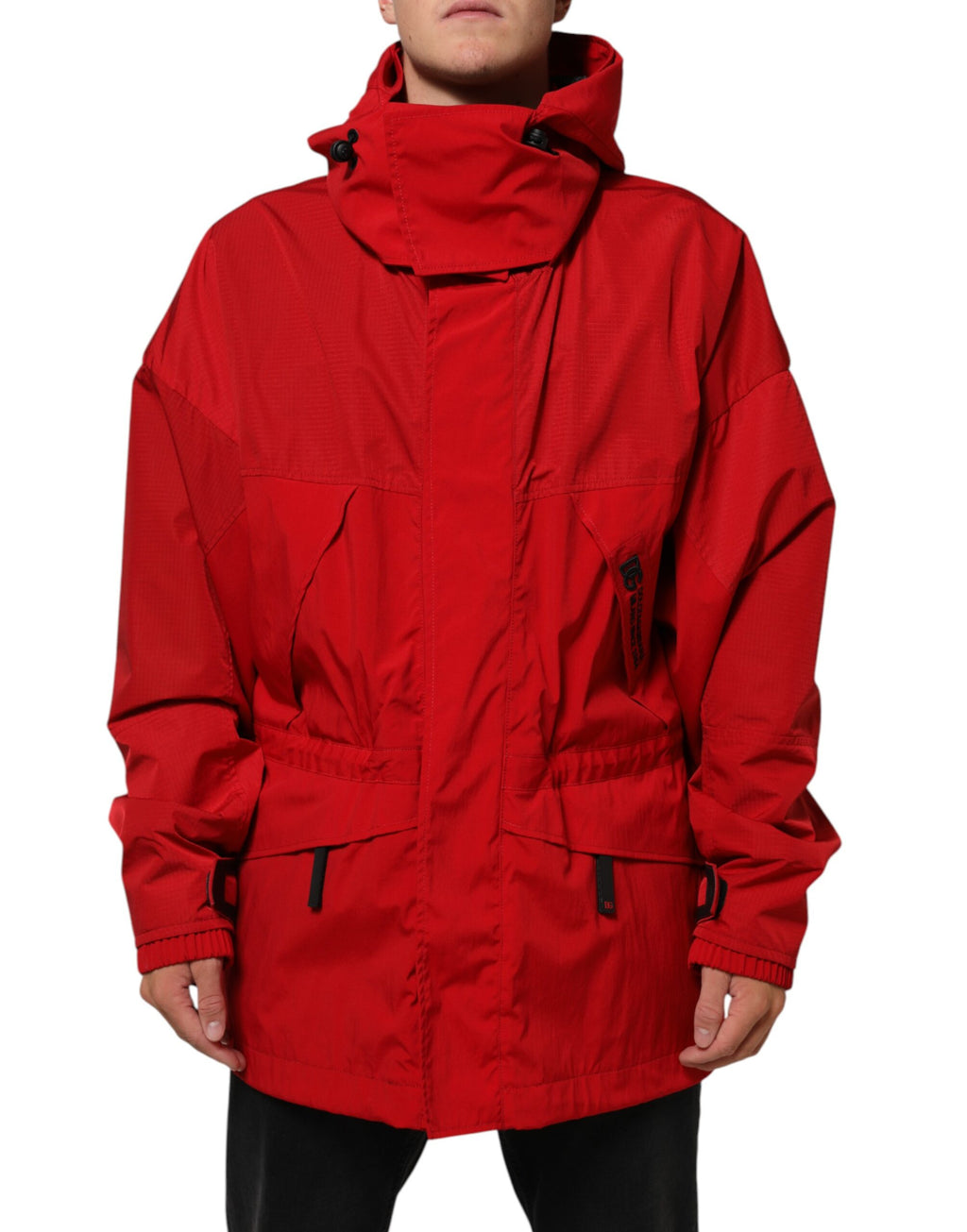Red Nylon Hooded Men Full Zip Parka Jacket