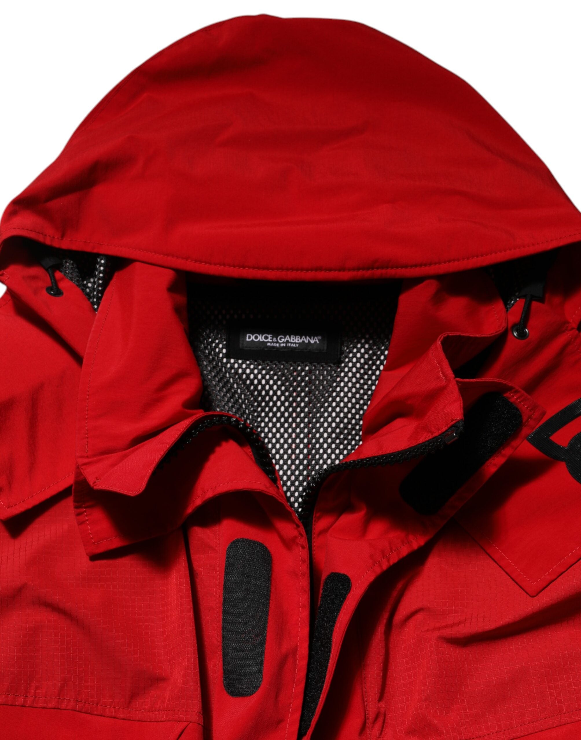Red Nylon Hooded Men Full Zip Parka Jacket