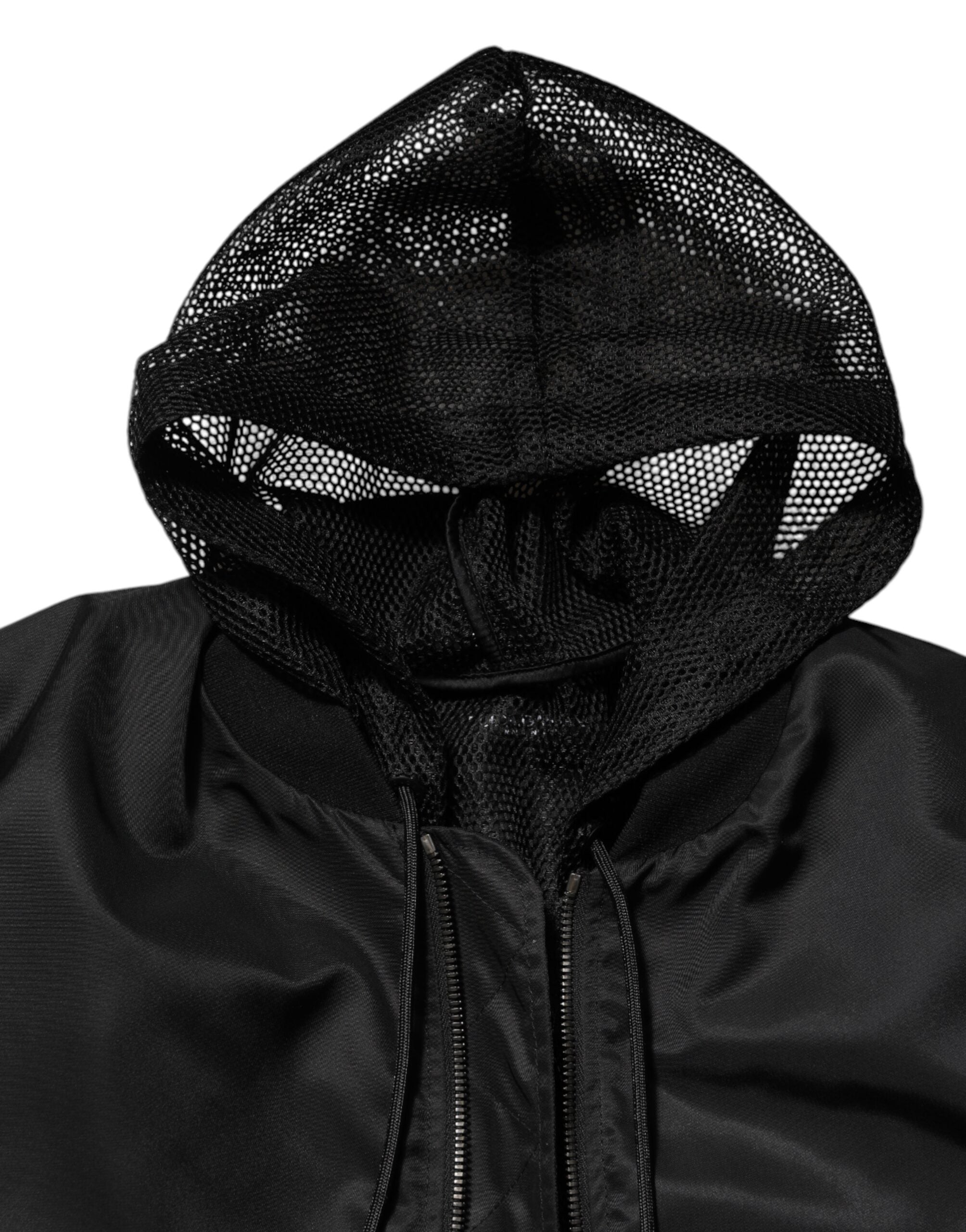 Black Nylon Hooded Full Zip Bomber Men Jacket