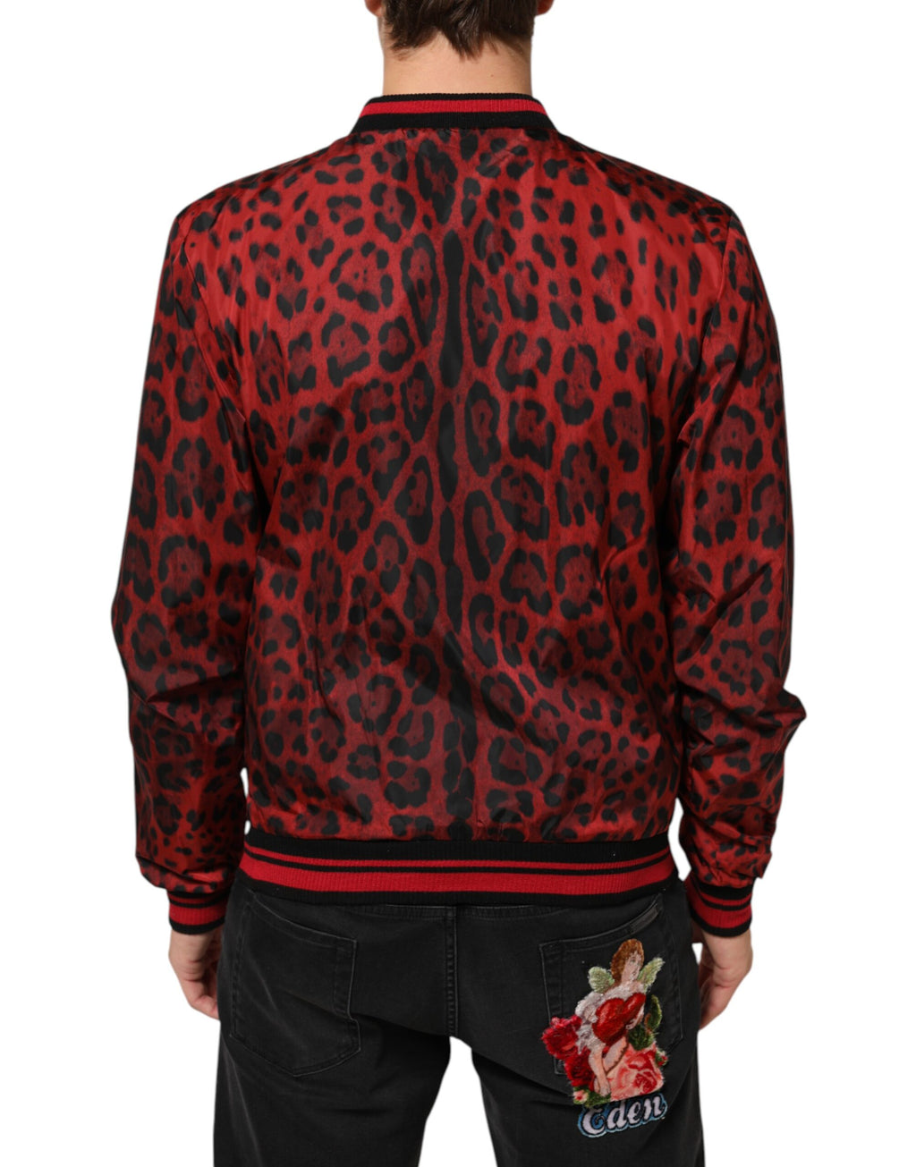 Red Leopard Print Full Zip Bomber Men Jacket
