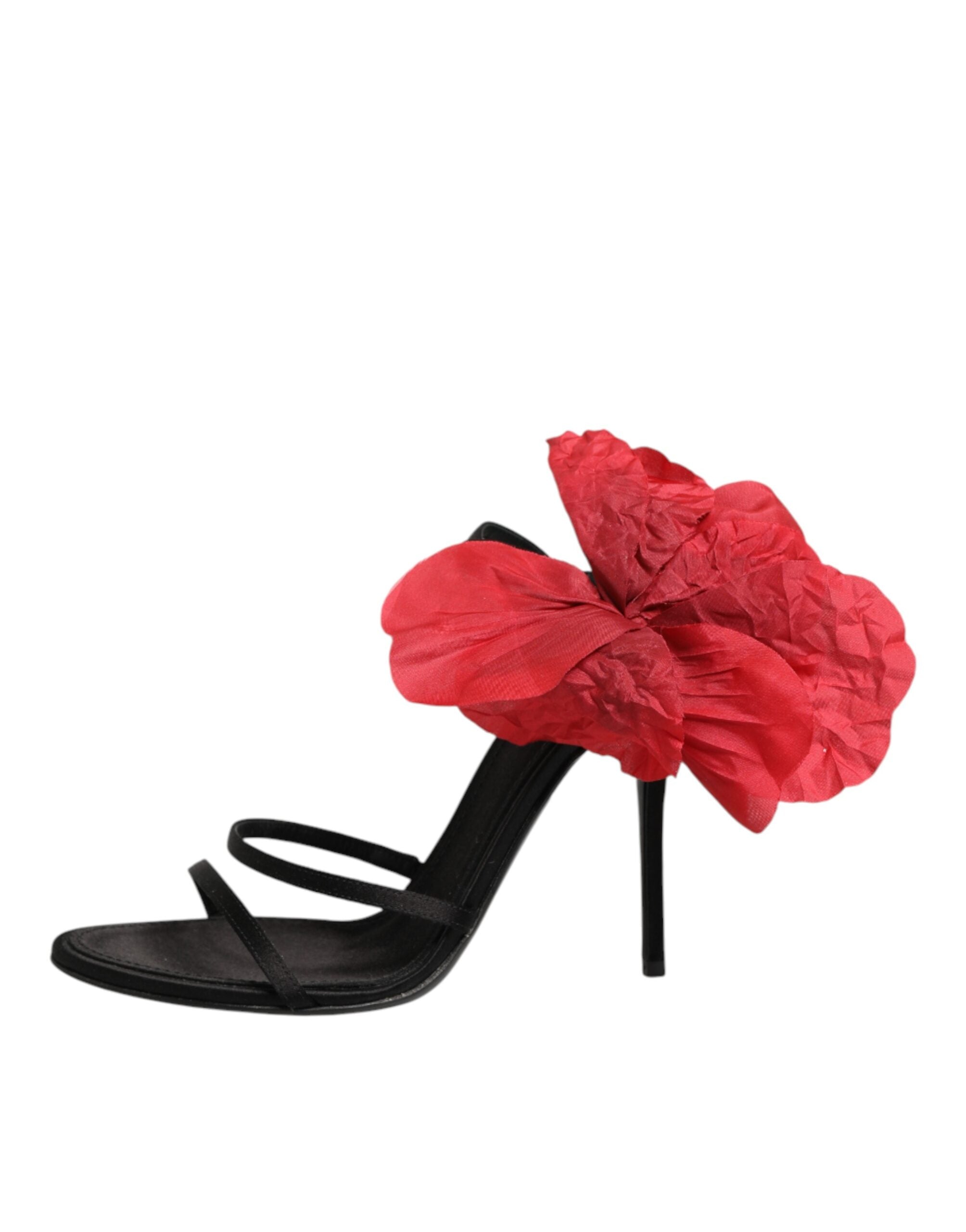 Black Leather Strappy Flower Heels Sandals  Shoes